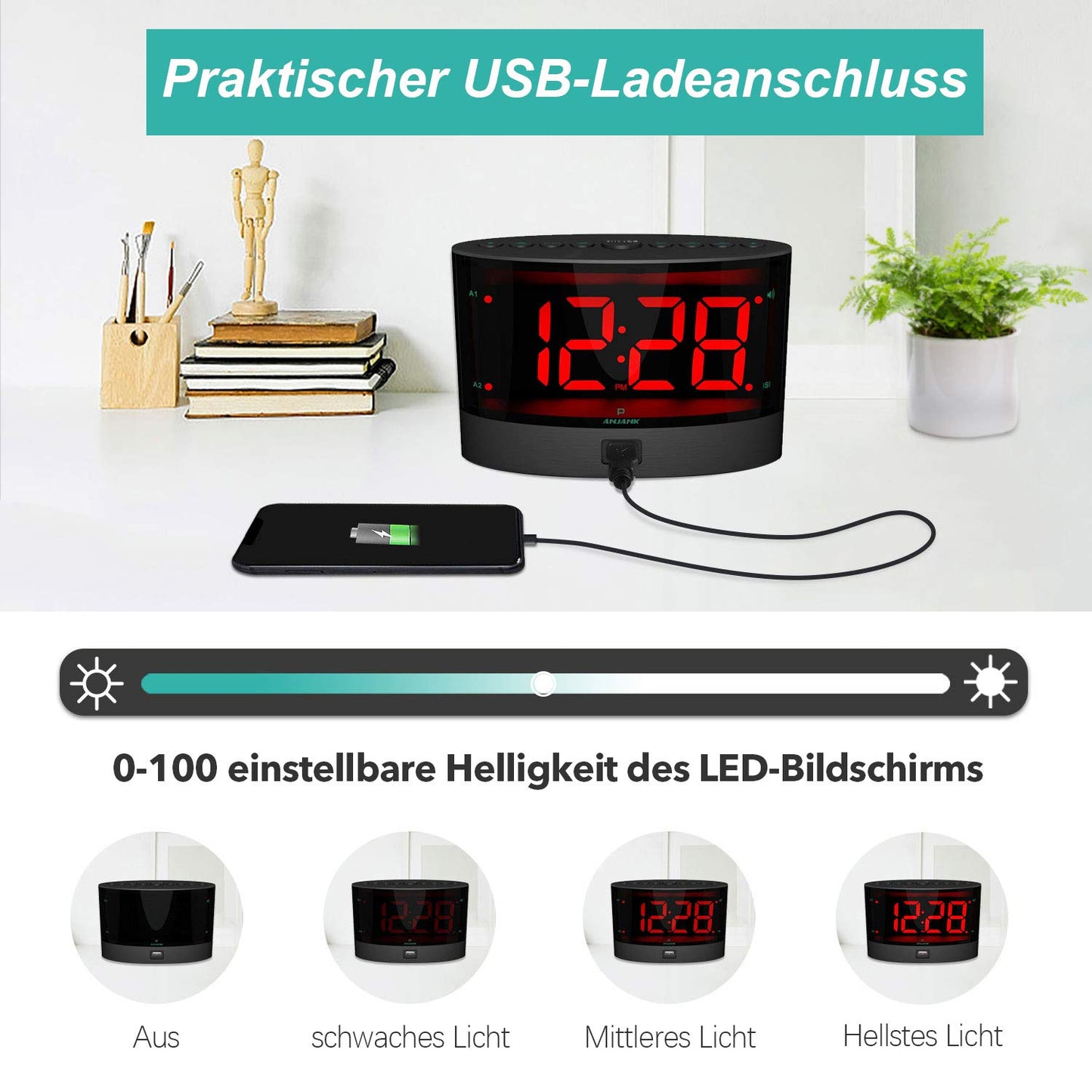 ANJANK Extra Loud Alarm Clock with Wireless Vibrating Bed Shaker for Deaf/Hard of Hearing/Heavy Sleepers, Dual Alarm, Dimmer, Battery Backup, USB Charger, Large Digital LED Display