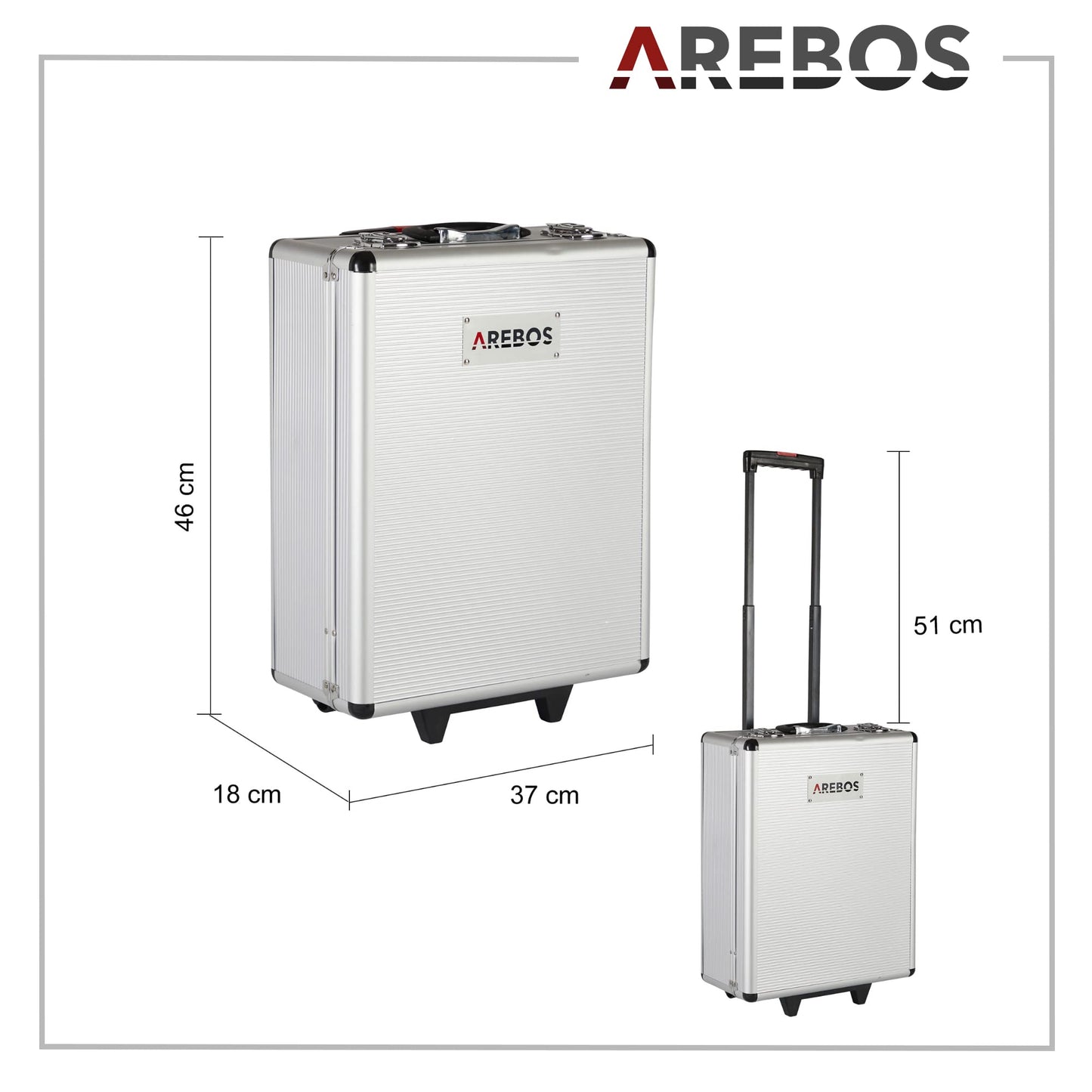 Arebos aluminum tool box filled | Tool set 1200 pieces | Rolling suitcase carrying case | Tool bag for household, garage & workshop | Tool box with 4 compartments & telescopic handle | Silver