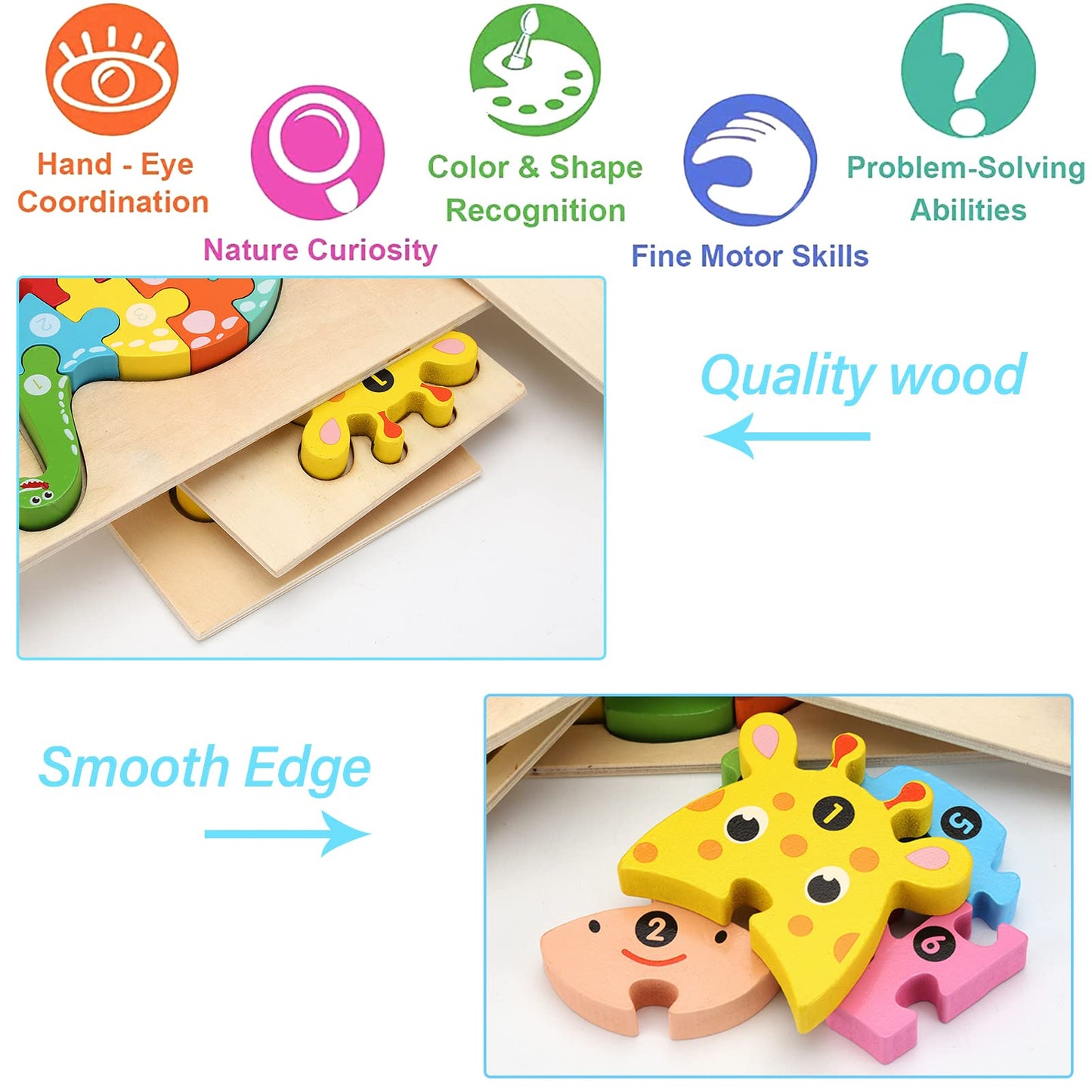 Wooden puzzles for toddlers aged 1-3, Montessori toy for kids aged 2+, educational wooden puzzle game, gift for 1 2 3 year old boys and girls - 4-pack