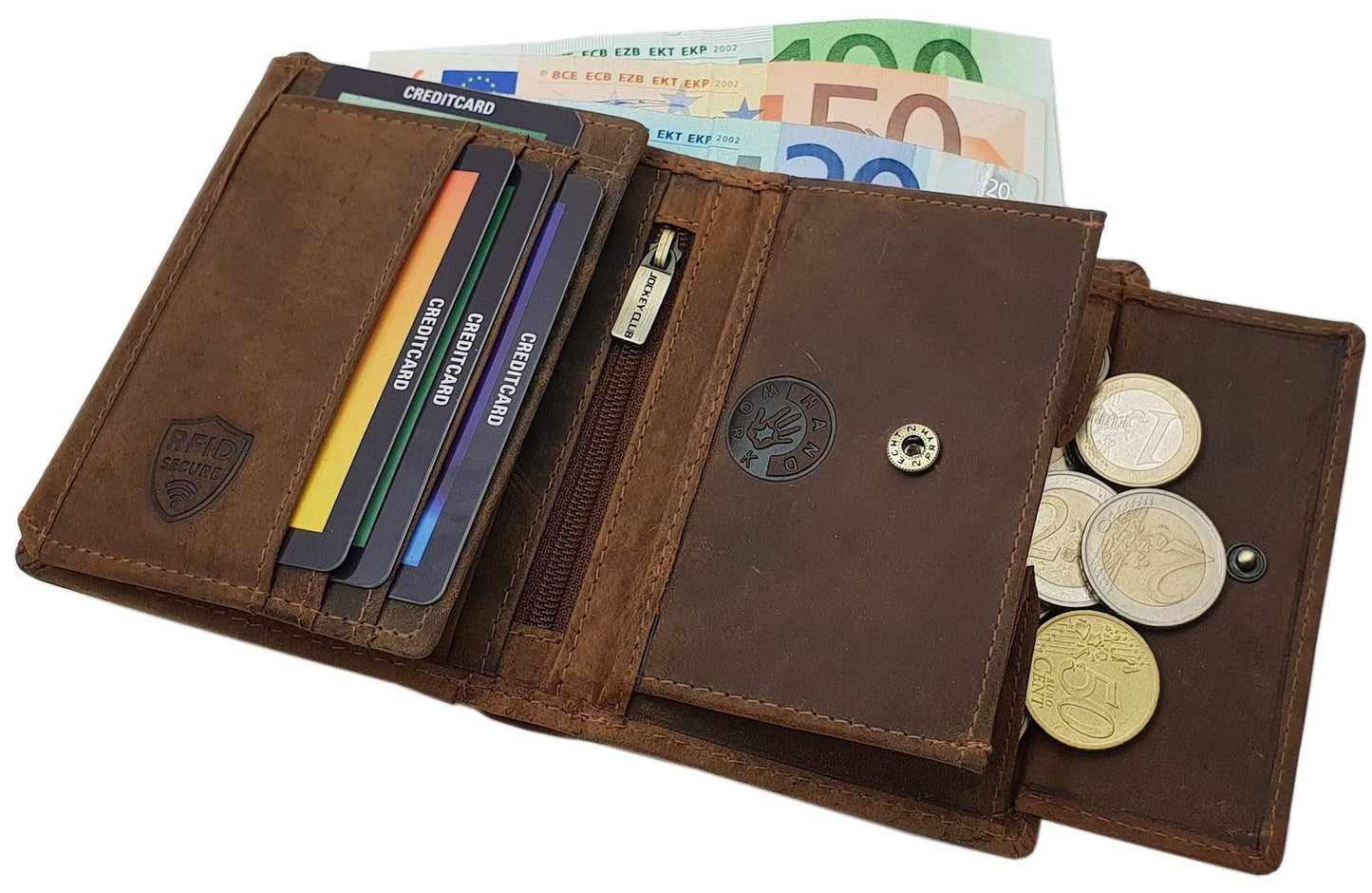 myledershop Genuine buffalo full grain leather vertical biker wallet/purse with metal chain and RFID & NFC protection (skull design/brown)
