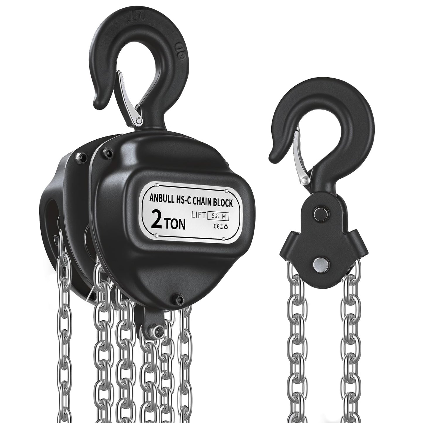 Anbull Chain Hoist, 2000kg load capacity, 5.8m lifting height, fully galvanized chain, no oil stains and rust-proof, product weight 17.5kg.