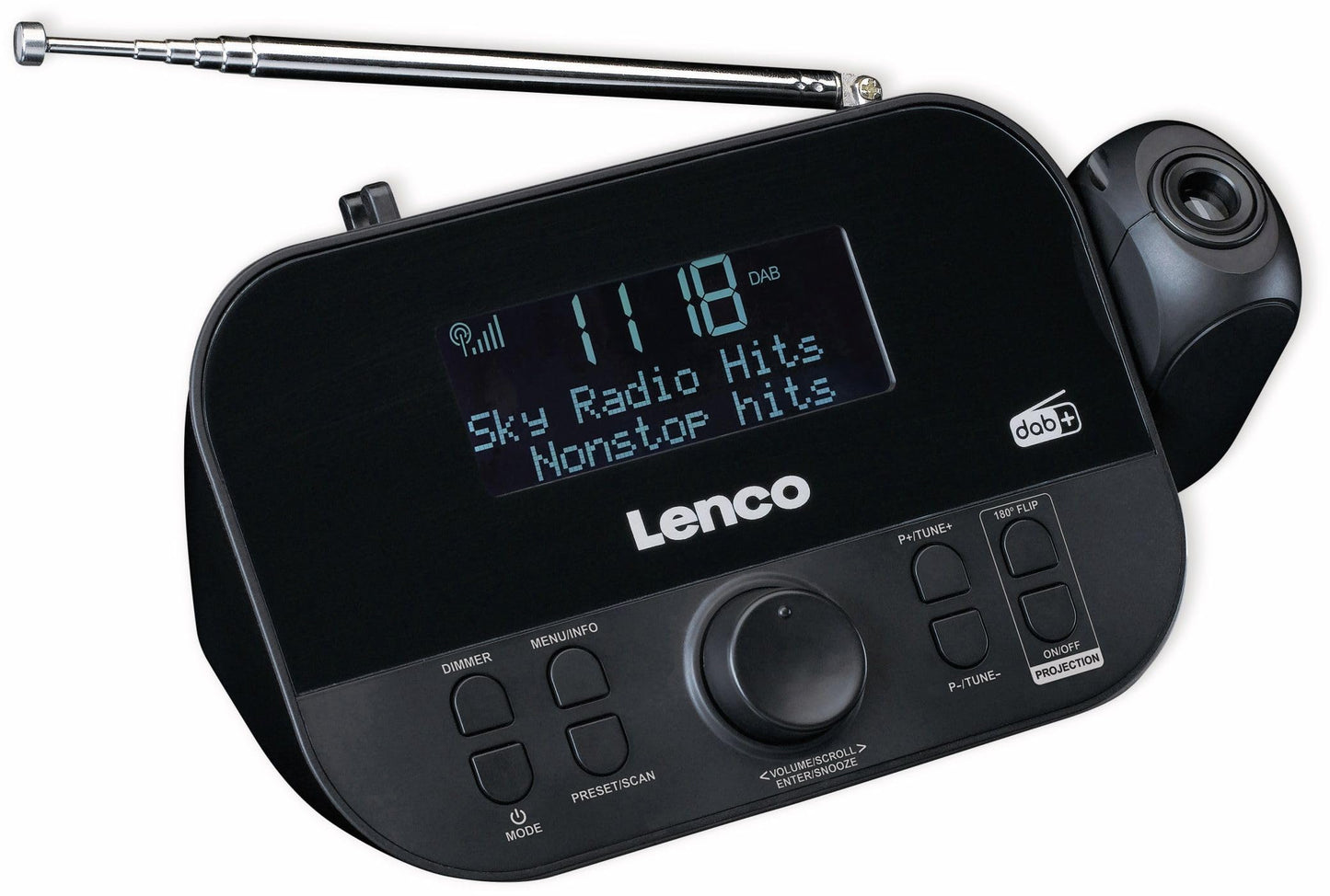 Lenco CR-615 DAB+ Projection Alarm Clock - Digital clock radio with DAB+ and PLL FM - 30 station presets - dual alarms - 180-degree projector - 3.5mm input - black