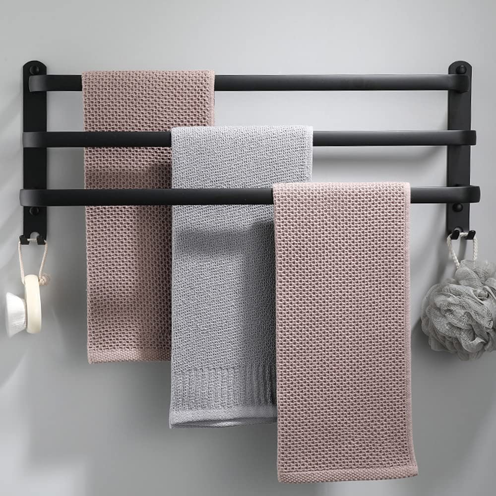 Towel holder, aluminum towel rack, wall mounted 3-tier towel bar with hooks 80CM Black Waterproof Rustproof towel holder for bathroom/kitchen/towel rack/shoe rack.
