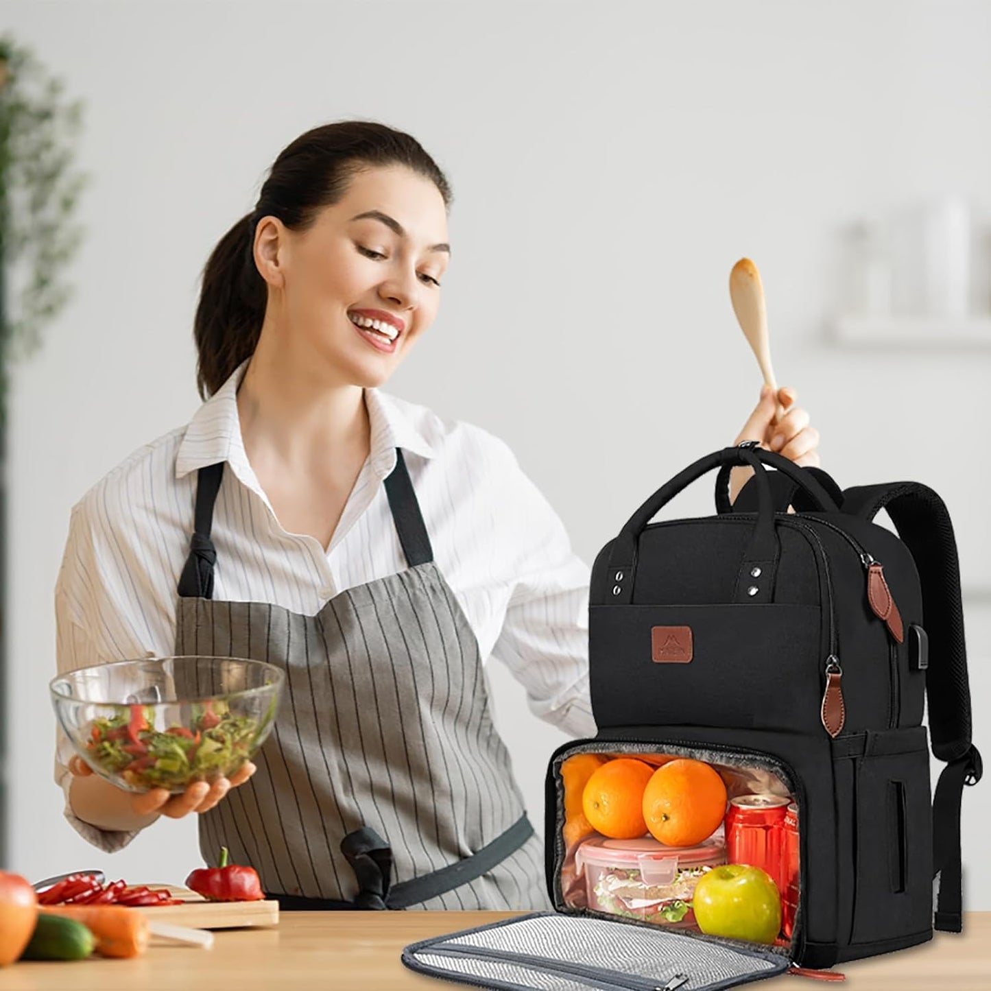 MATEIN Laptop Lunch Backpack, Picnic Backpack with Insulated Cooler Compartment, 17 Inch Ice Pack for Men and Women with USB Port, Lunch Bag for Camping Travel Business Work, Black