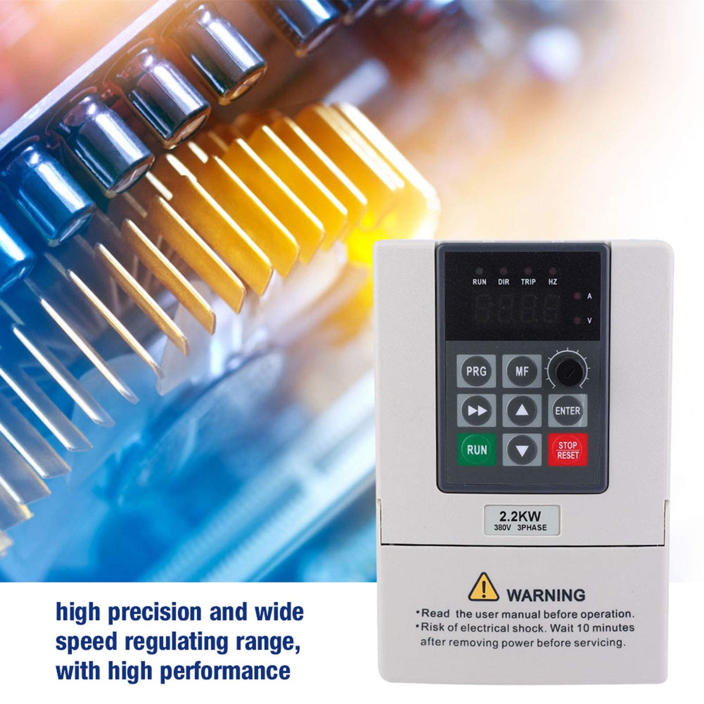 380 V 2.2 KW VFD Frequency Converter with Variable Frequency for controlling motor speed, 3-phase input/output, 3-phase converter for use with machinery.