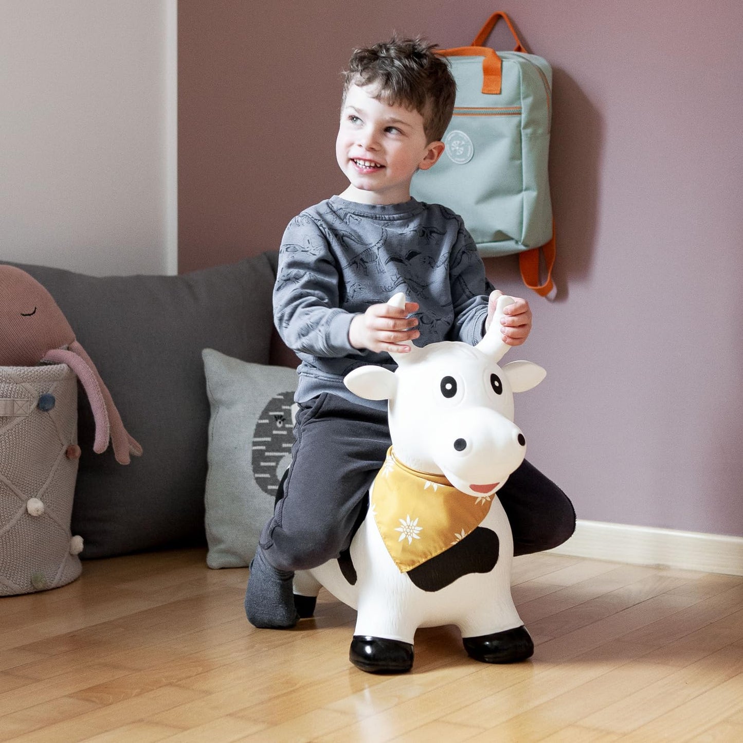 Childhood Hopping Animal for Kids, subtle and modern colors, lovely details and high quality, includes air pump, Cow.