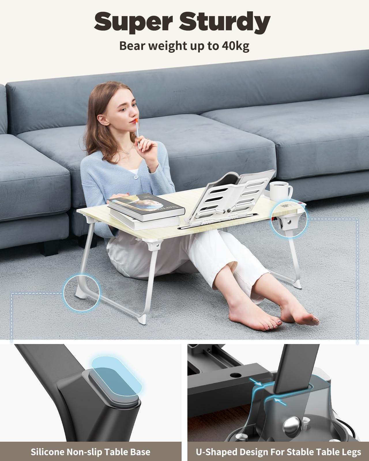 Laptop table for bed, SAIJI XXL folding bed table, for studying, eating, working, sofa, bed, with drawer, hand rest book stand, tablet phone stand (Black)