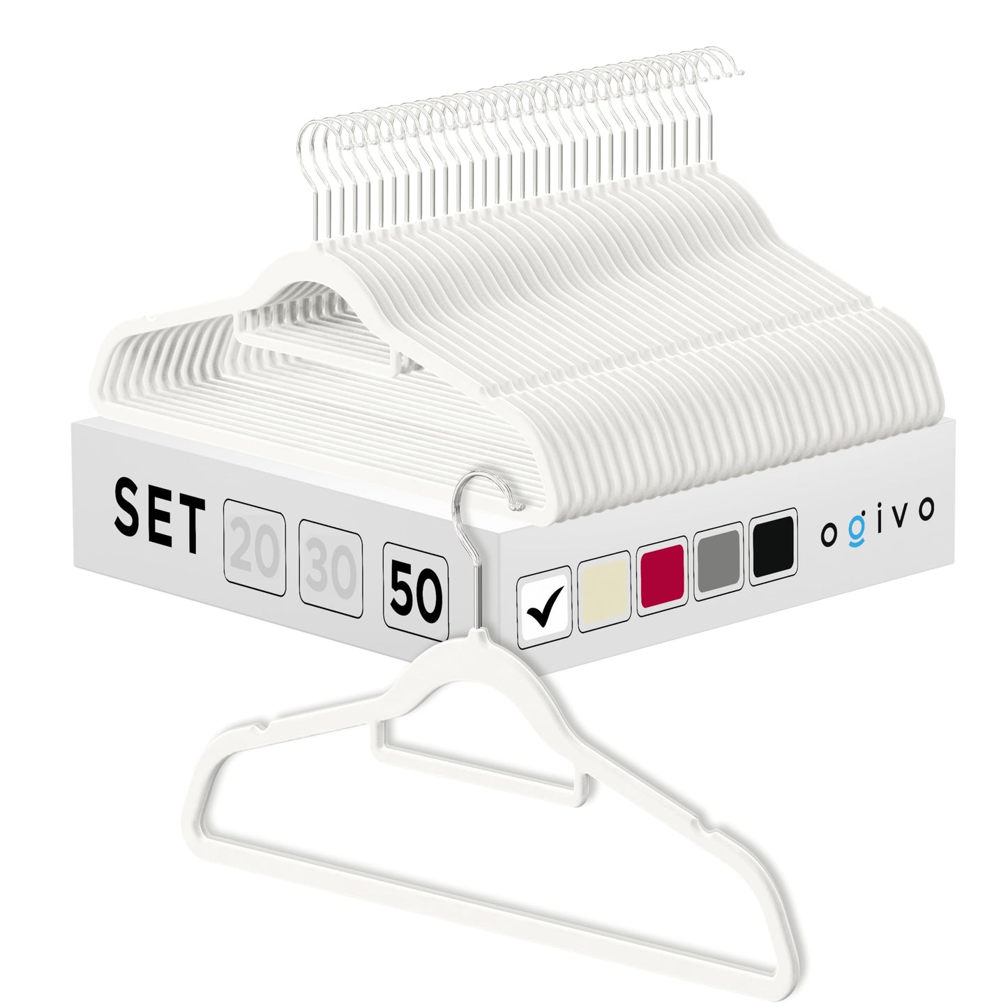OGIVO Velvet Hangers - 50 pack - Non-slip hangers for your wardrobe - small rod for ties - 360° swivel hooks - notches in shoulder area - Hangers Clothes (White)