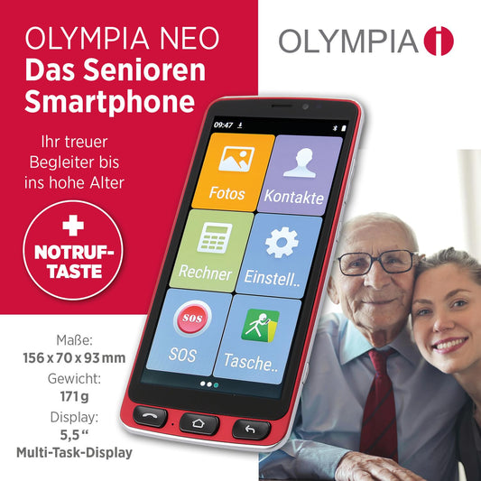 Olympia Neo 16GB senior smartphone | Extra large display | Hearing aid compatible | Emergency button | Senior smartphone 5.5" display | Whatsapp & Mediteo pre-installed | 8MP camera | Red