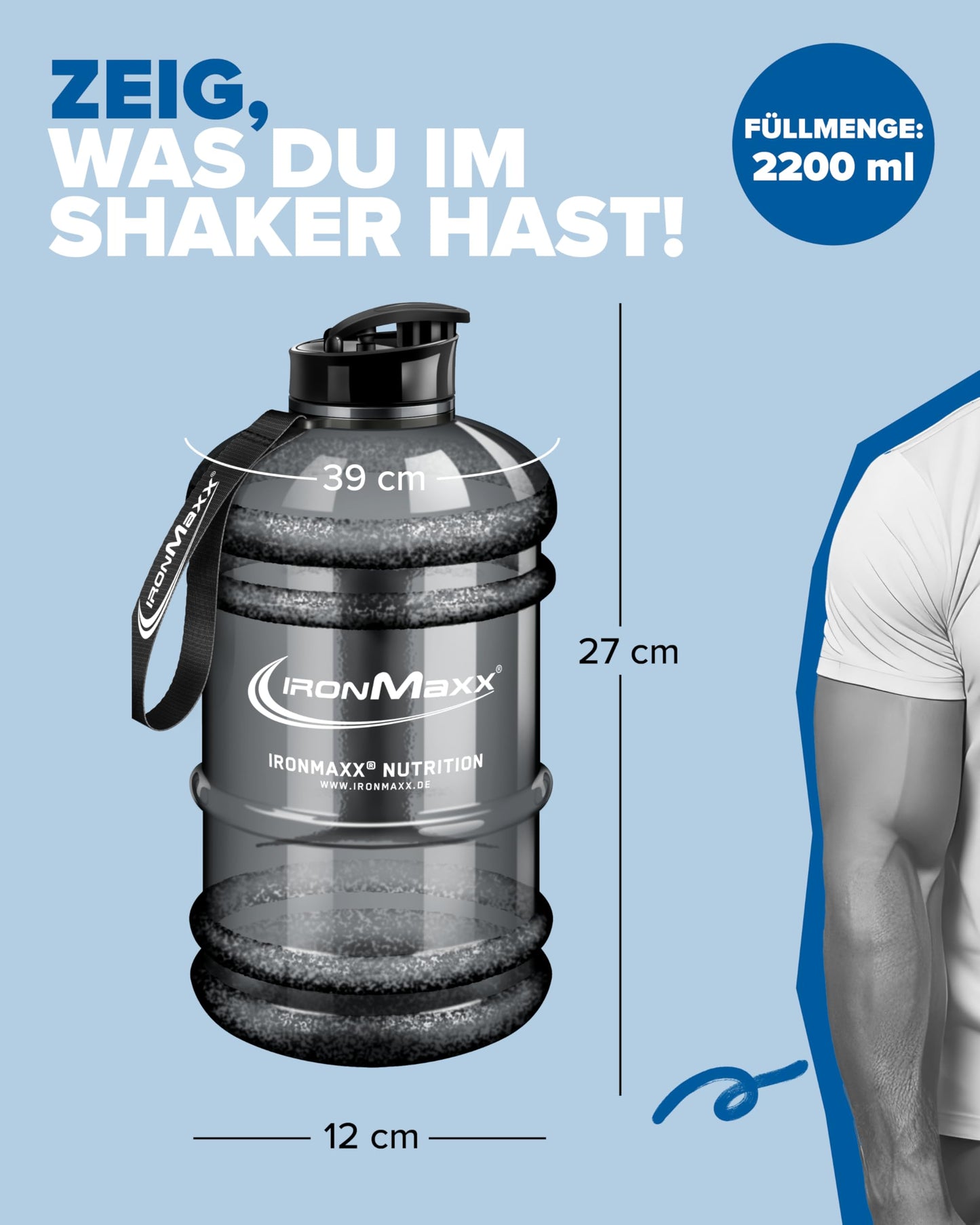 IronMaxx Water Gallon - Grey 2200ml | BPA & DEHP free | Leak-proof water bottle with measurement scale | available in various colors.