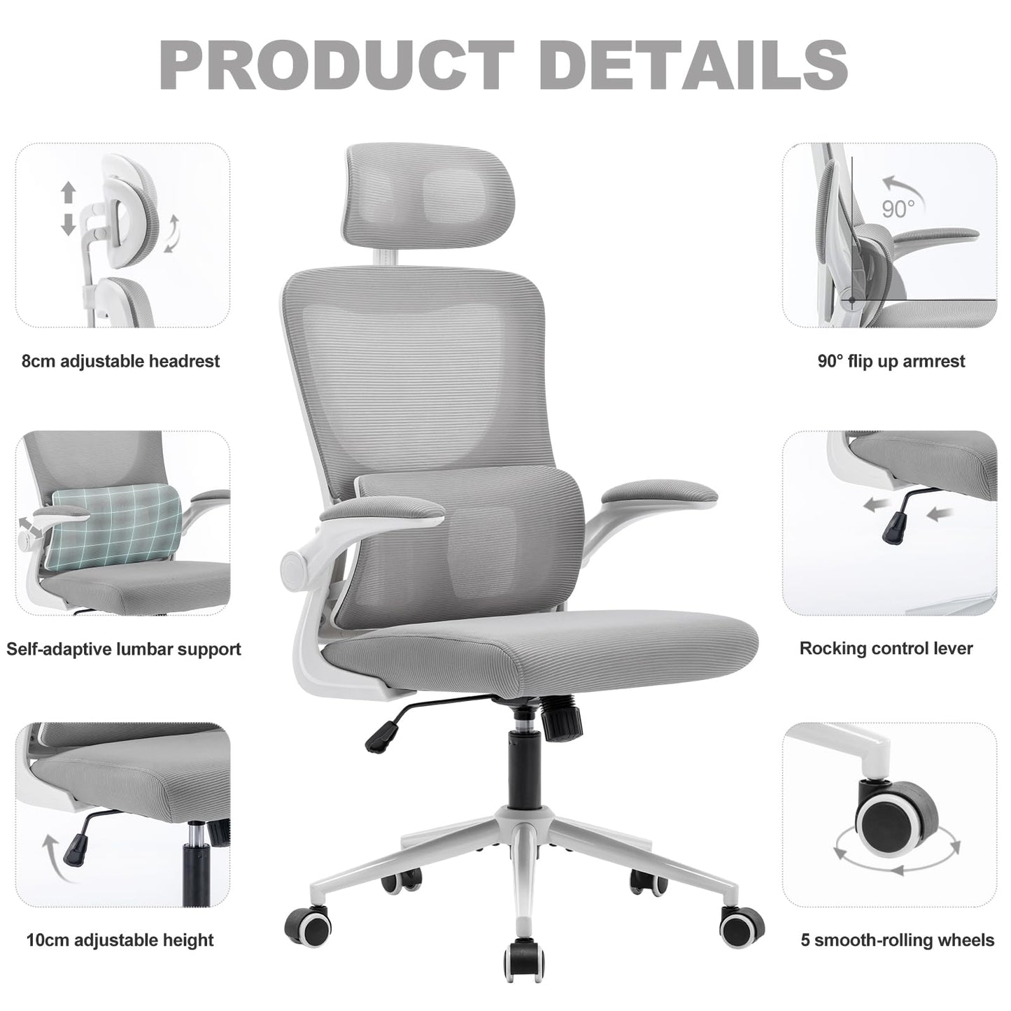 LIYURUI Ergonomic Office Chair, Adjustable Desk Chair with Headrest/self-adaptive Lumbar Support/padded flip-up Armrest, breathable 125° Rocking 360° Swivel Chair, gray
