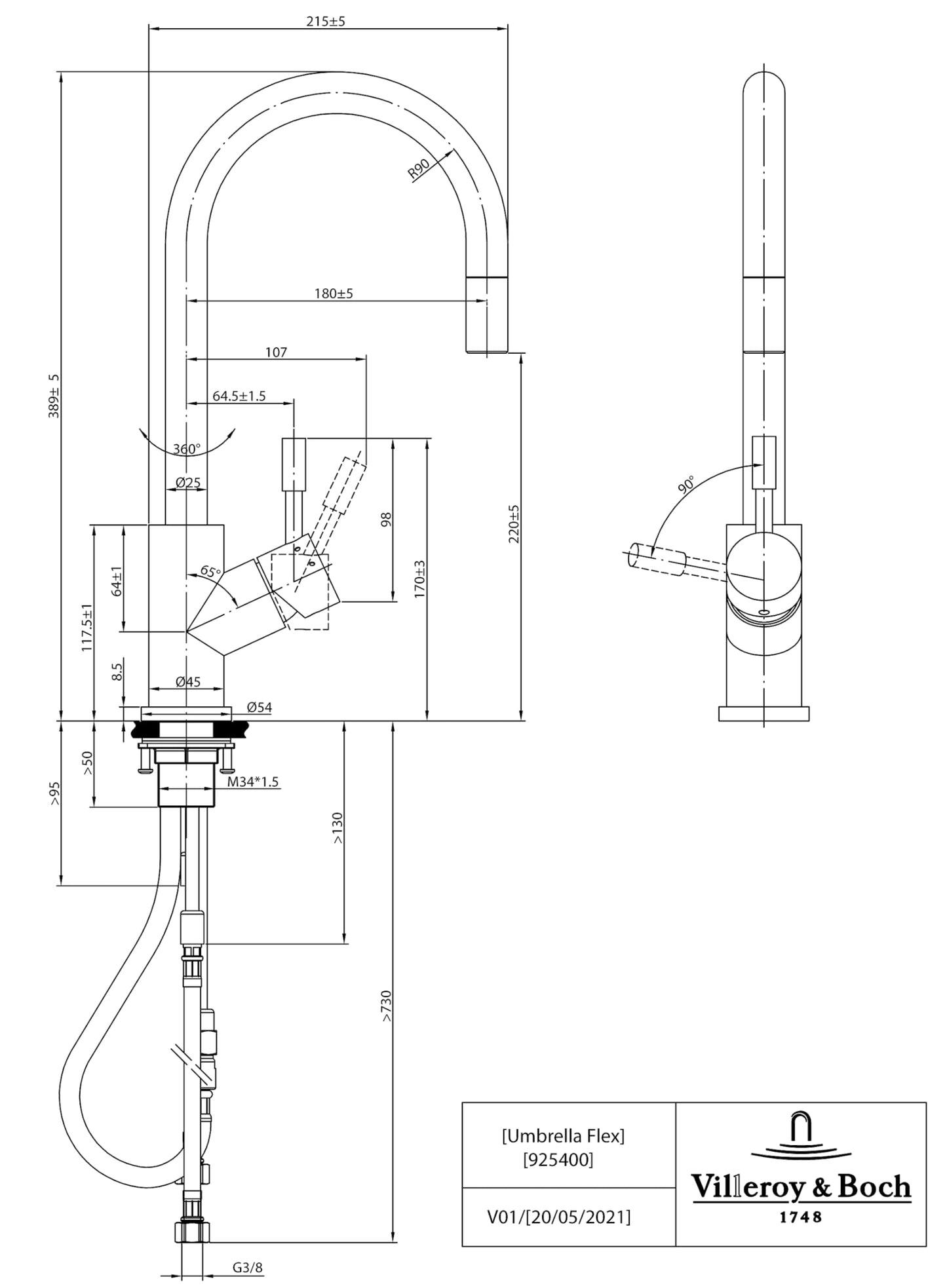 Villeroy & Boch Umbrella Flex high-pressure kitchen faucet, sink faucet with pull-out spray and 360° swivel range, water-saving, 220 mm spout height, bronze.