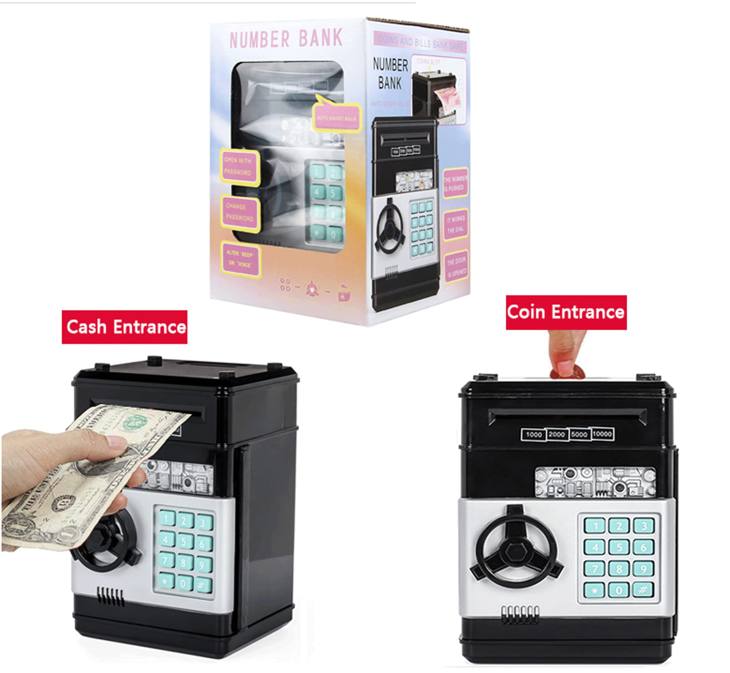 Electronic piggy bank money coin jar money safe car insert bills safe box password ATM bank saver, cartoon safe bank box perfect toy gifts for boys girls (black)