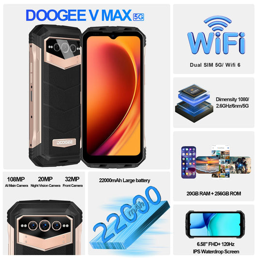 DOOGEE VMAX 5G outdoor cell phone without contract, 20GB+256GB Dimensity 1080, 22000mAh large battery, 108MP camera, 6.6" FHD+ 120hz outdoor smartphone Android dual SIM IP68 waterproof OTG NFC.