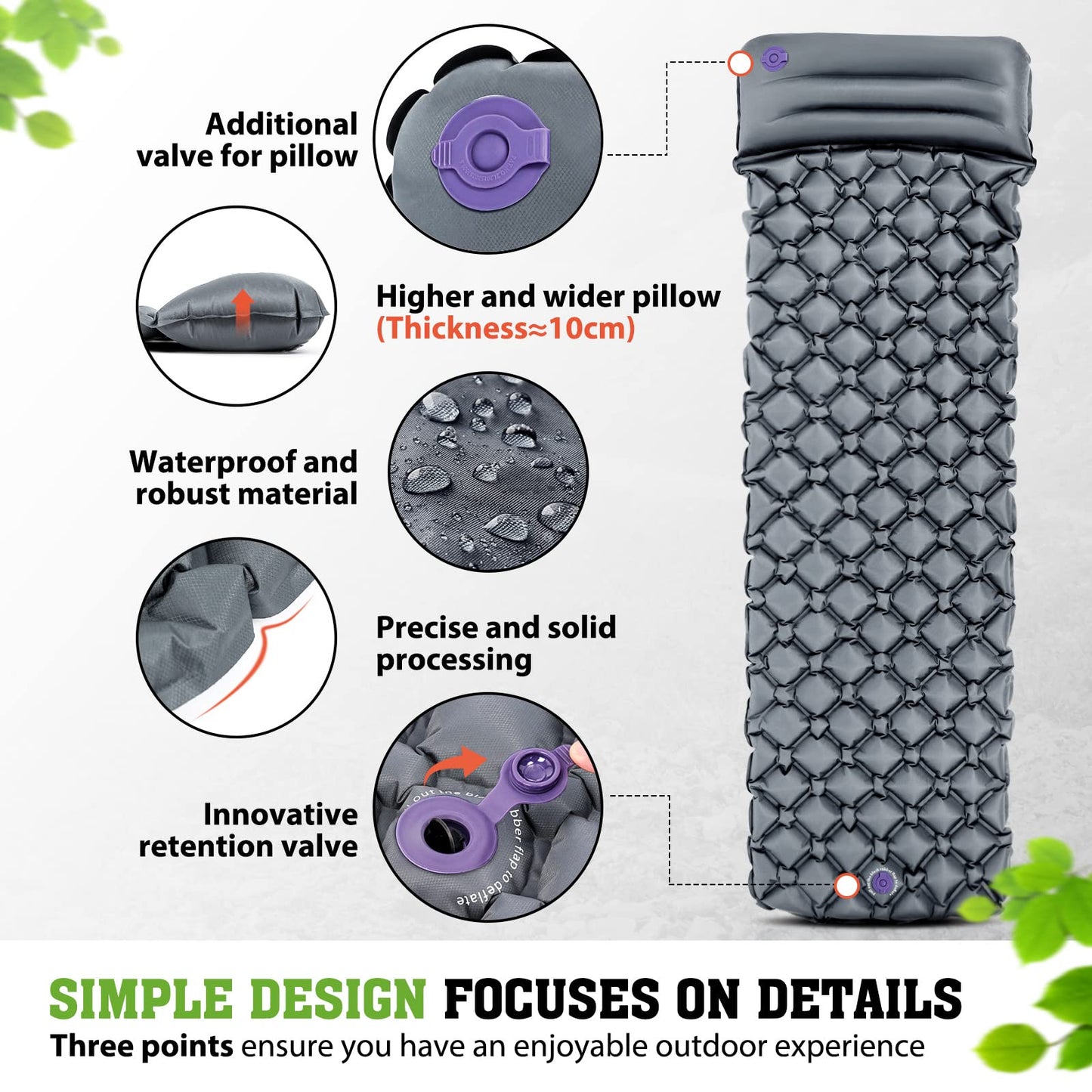 HIKENTURE sleeping pad for camping, trekking, and backpacking. Inflatable air mattress with small pack size and ultralight design. Grey with pillow.