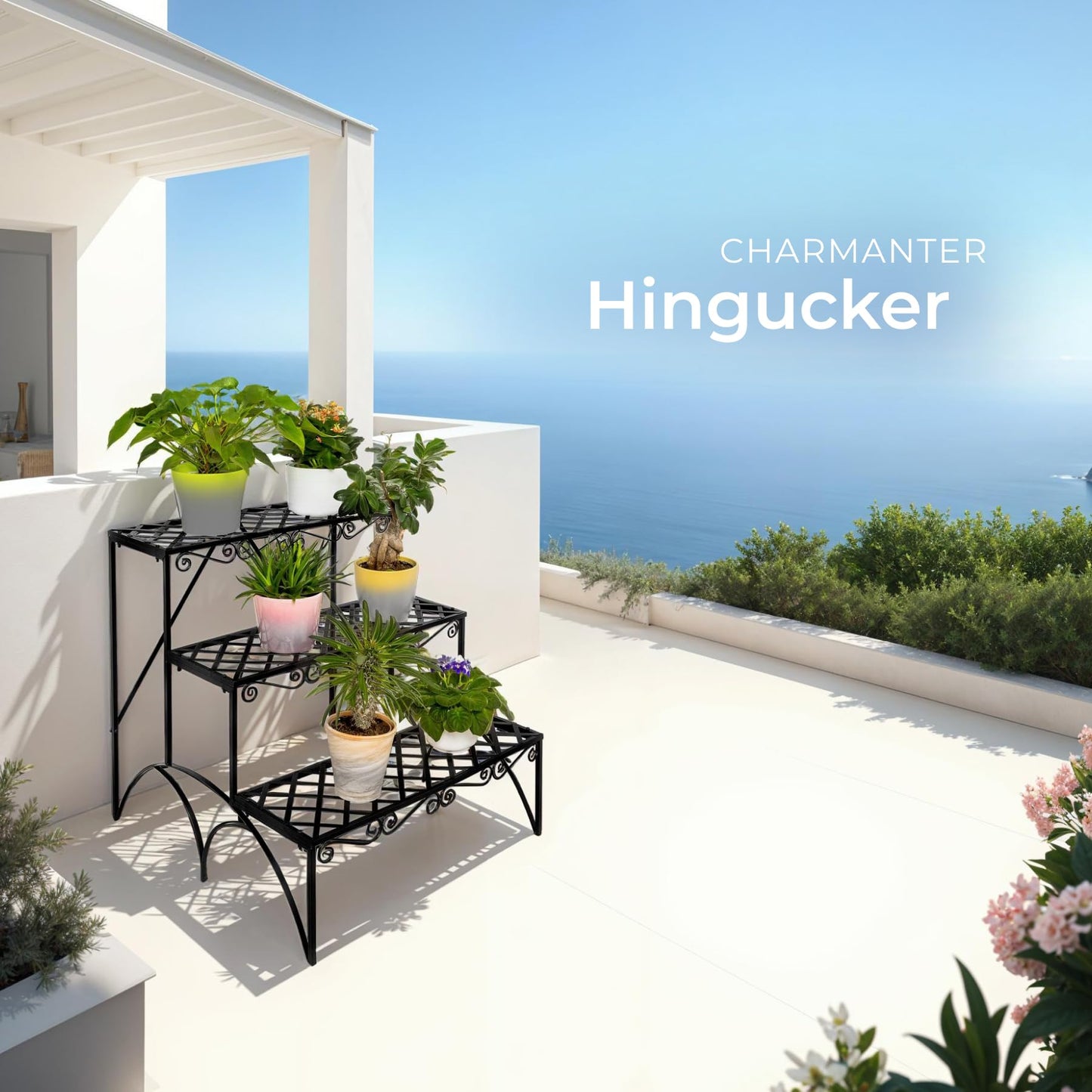 tectake® Plant stand, metal flower shelf, plant bench with 3 steps, plant rack, outdoor plant rack, flower shelf, flower stool approx. 60x60x60cm (steps straight | Number 401711)