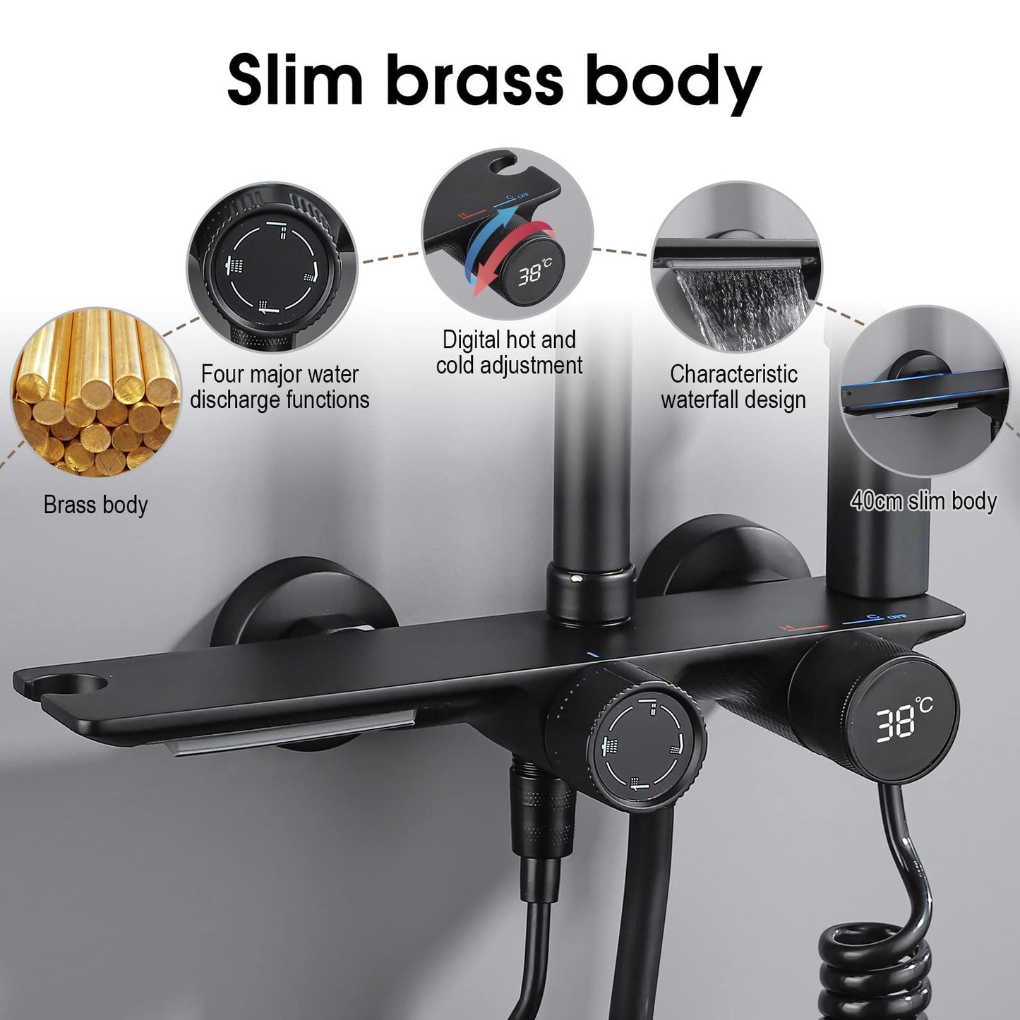 Black shower set with rain shower and hand shower, adjustable shower bar, shower set without thermostat (LED display)