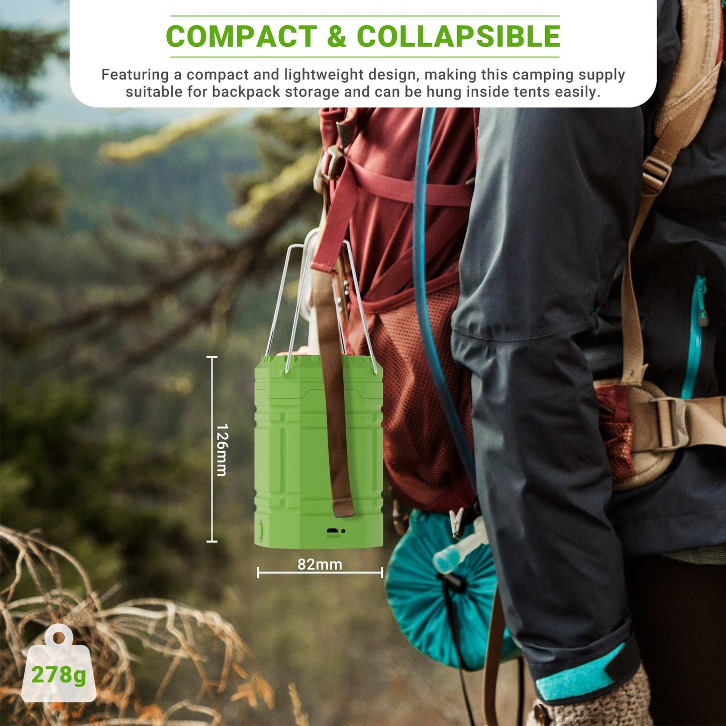LED Camping Lantern Solar, Waterproof LED Camping Lantern, Emergency Light with Hand Crank, Built-in 3000mAh Battery for Hiking, Fishing, SOS, Power Outages (Green)