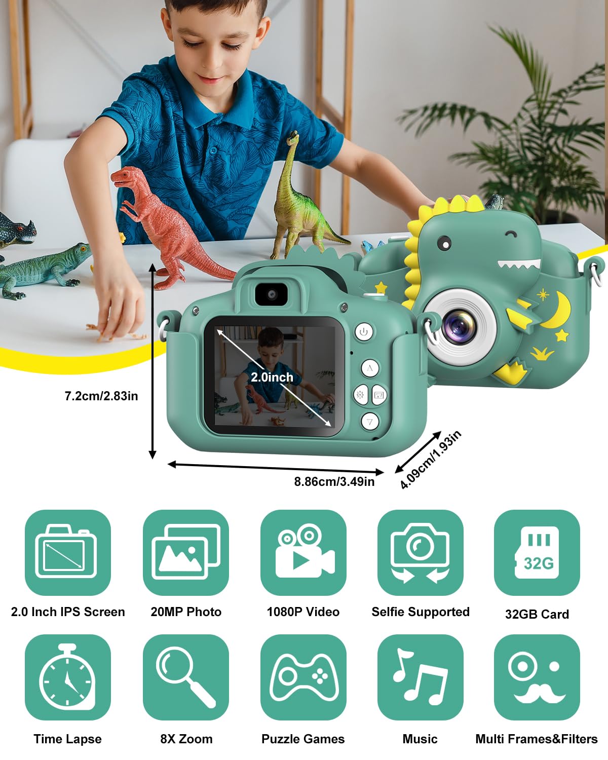 GREENKINDER Children's Camera, 2.0" Screen Kids Camera with 32GB Card, 20MP & 1080P HD Selfie Digital Camera for Children, Dinosaur Gifts for 3-12 Year Old Boys and Girls