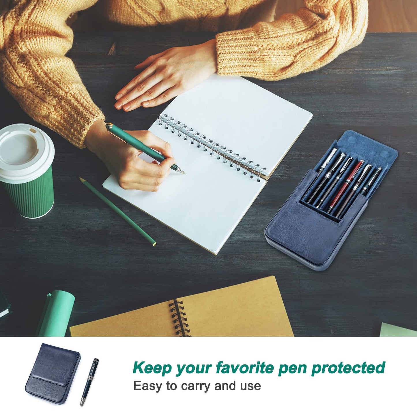 Hiram leather fountain pen case for 6 pens, Portable leather pen storage box with hidden magnetic snap closure design (Blue)