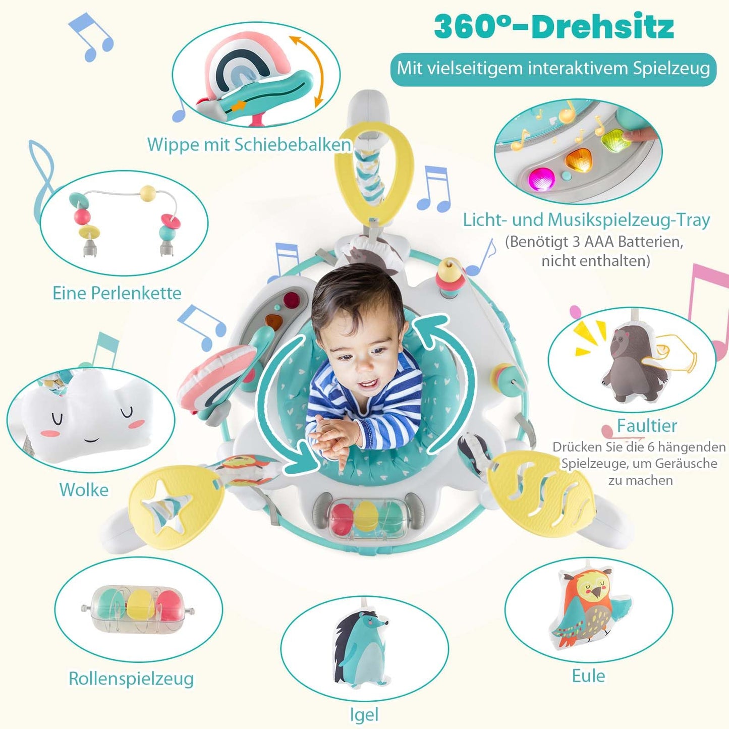 GOPLUS 3 in 1 Baby Jumperoo, spring and play center with 360° rotating seat, toy & music tray with lights and sounds, adjustable seat height for babies 6 months and up to 12 kg (Light Blue)