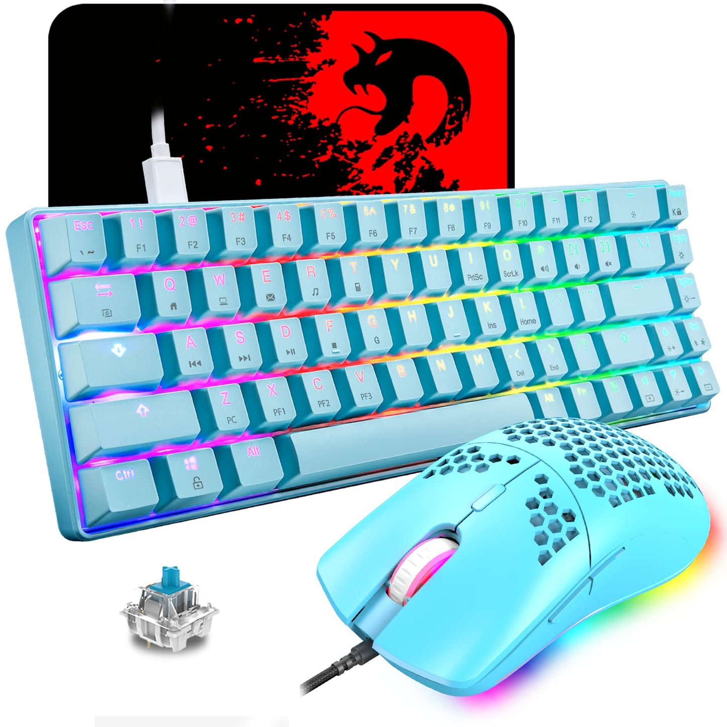 60% mechanical gaming keyboard, blue switch, mini-68 keys, wired, Type C, 18 backlight effects + lightweight optical RGB mouse with 6400 dpi, honeycomb mouse + large mousepad - Blue