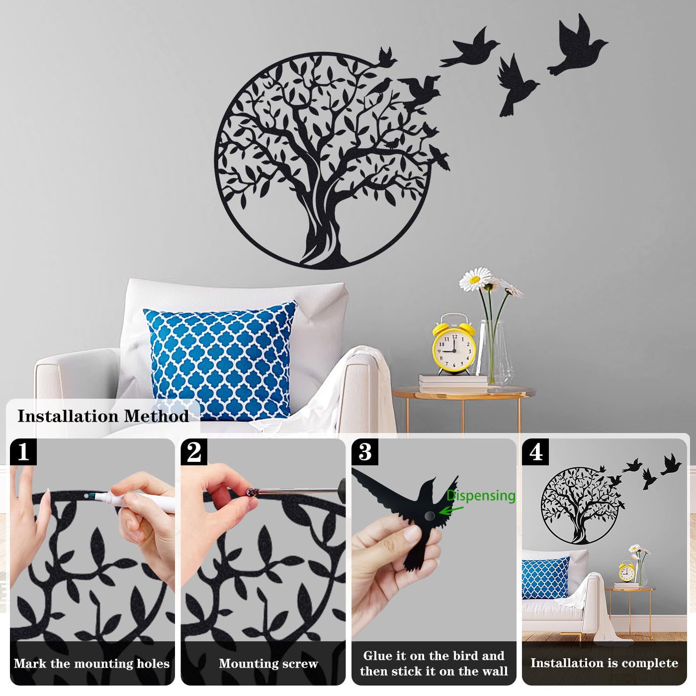Luccyle metal wall art, Metal Tree of Life wall decoration silhouette, family tree with birds on branch, home decor for bedroom, living room, kitchen (Black, 49x49cm)