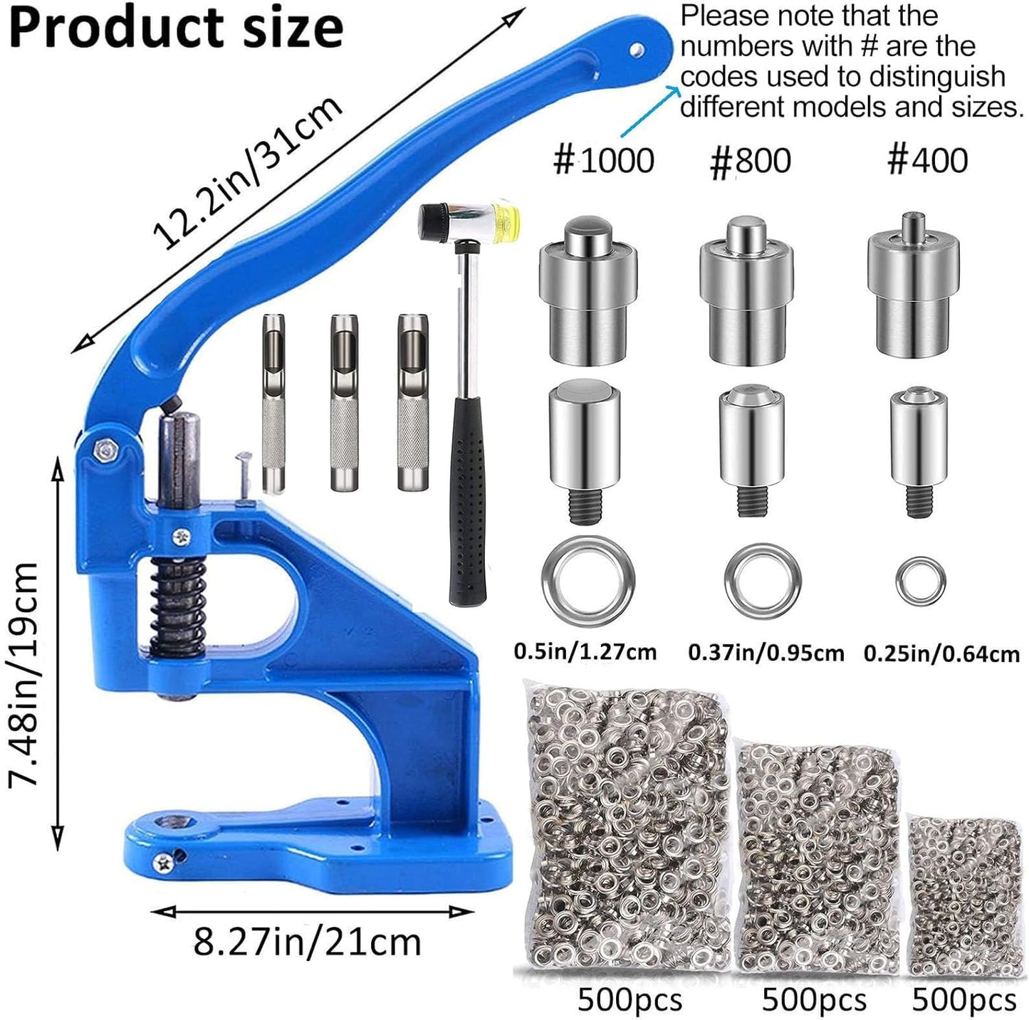 Grommet press Grommet Kit 1500 Hand press Grommet punch Rivet press, Professional grommet press set, 3 dies grommets (6/10/12mm), for tarps fabrics, rivets, textiles, DIY decoration, banners, leather, awnings, curtains.