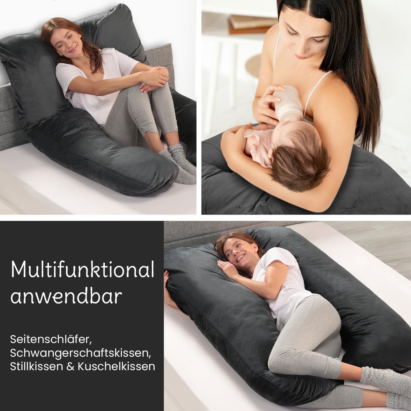 ELONEO Pregnancy Pillow XXL, Side Sleeper Pillow with Cover, Pregnancy Pillow in U shape, Nursing Pillow with soft, removable and washable cover, gray