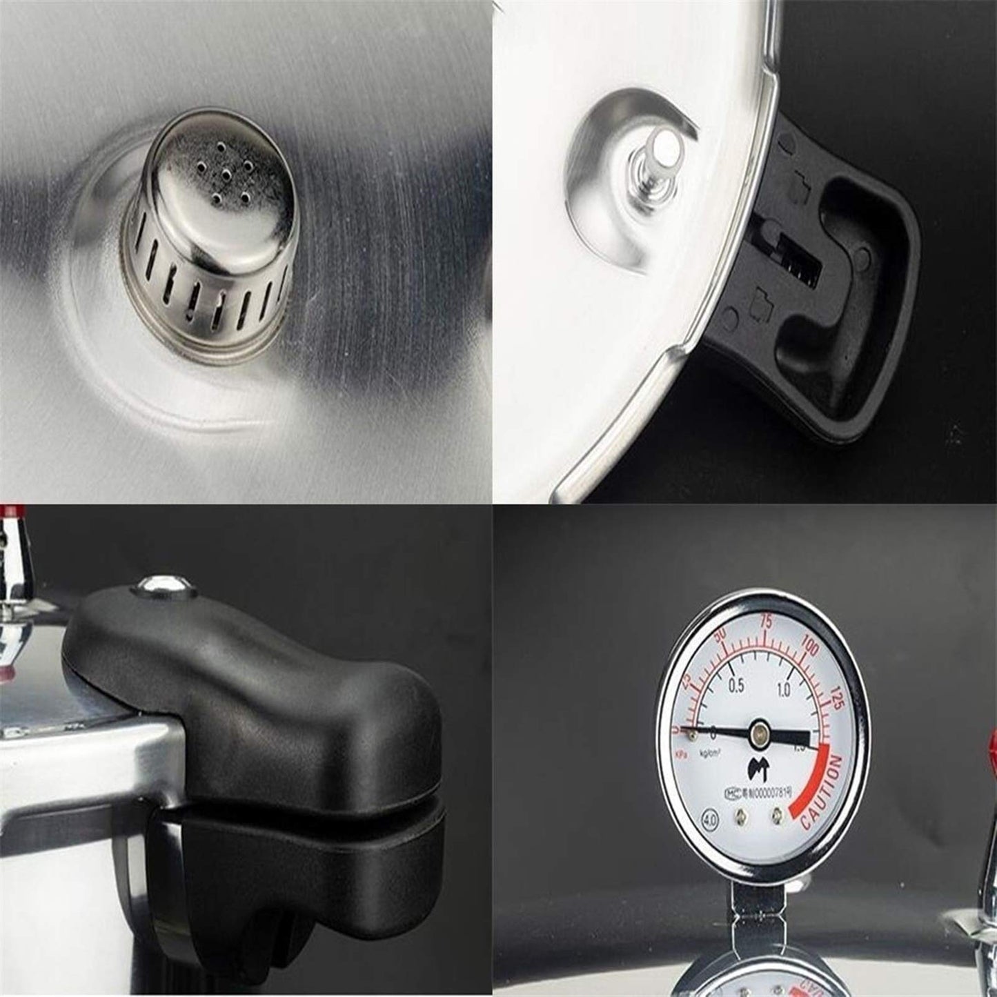 25 liter pressure cooker canner for all American canning needs, water bath canner included. Features pressure gauge, pressure regulator, and induction compatibility. Pressure release valve set at 13 PSI +/- 5%.