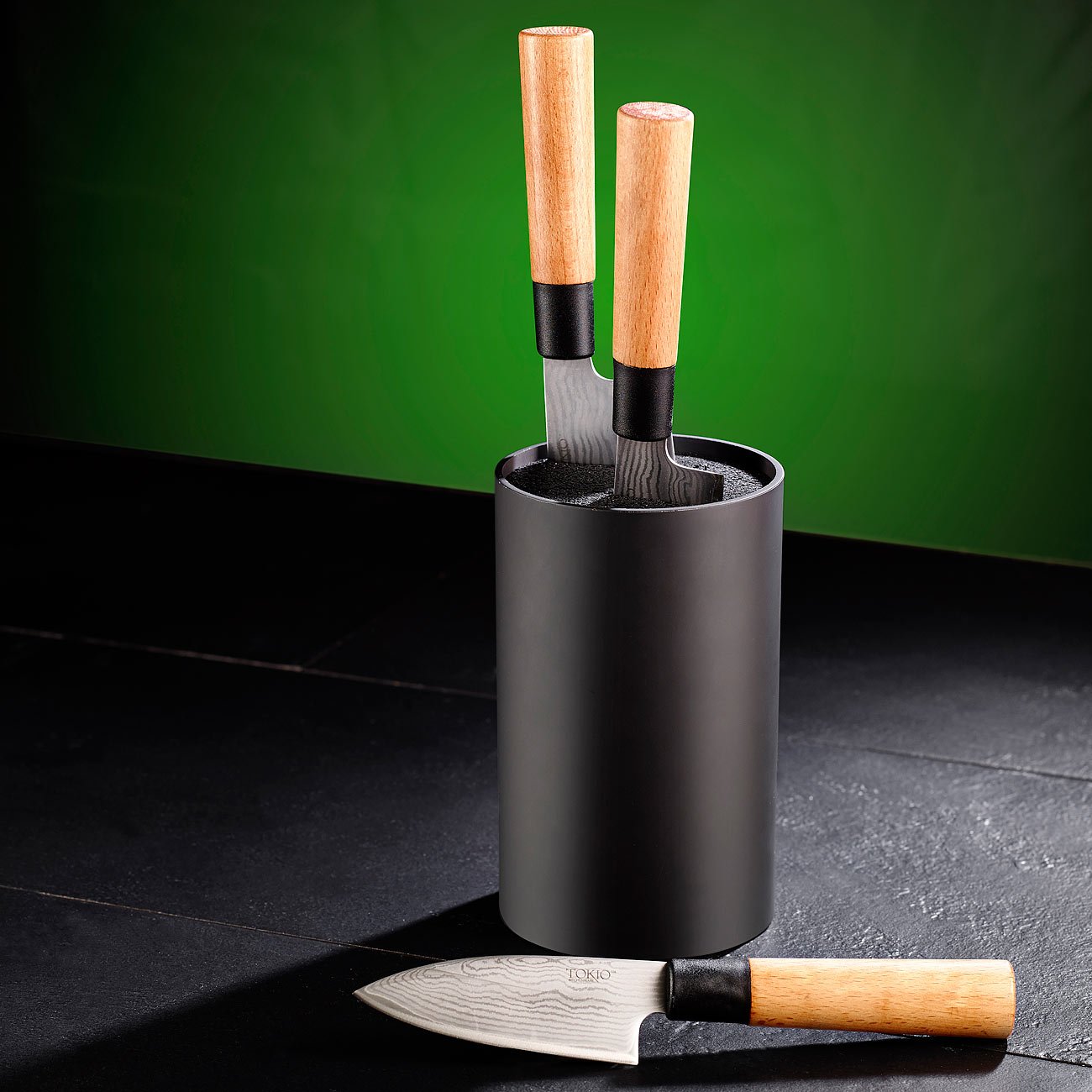 TokioKitchenWare universal knife blocks: Set of 2 universal knife blocks with bristle insert, black (stand for knives, kitchen knife holder)
