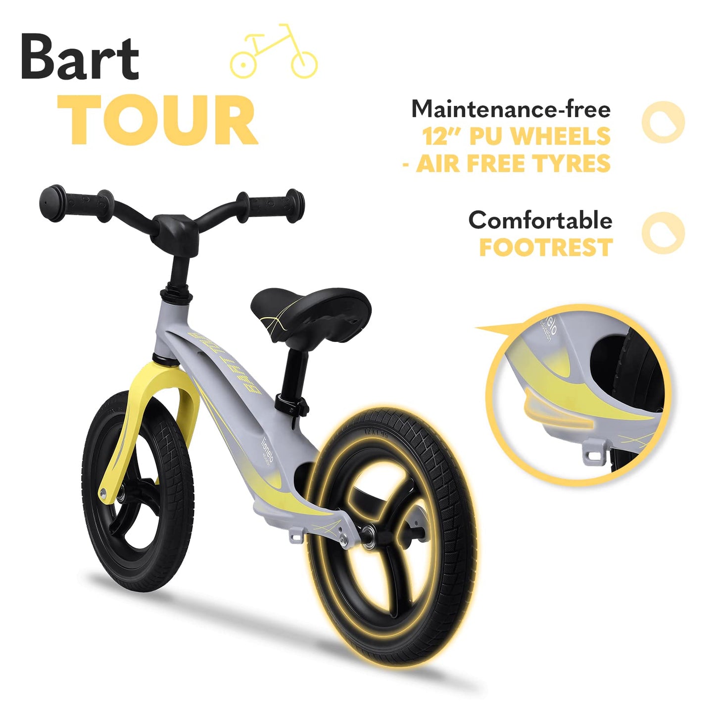 Lionelo Bart Tour balance bike for ages 2 and up to 30 kg, magnesium frame, sporty style, maintenance-free PU 12" wheels, adjustable handlebar and saddle, durable and very light.