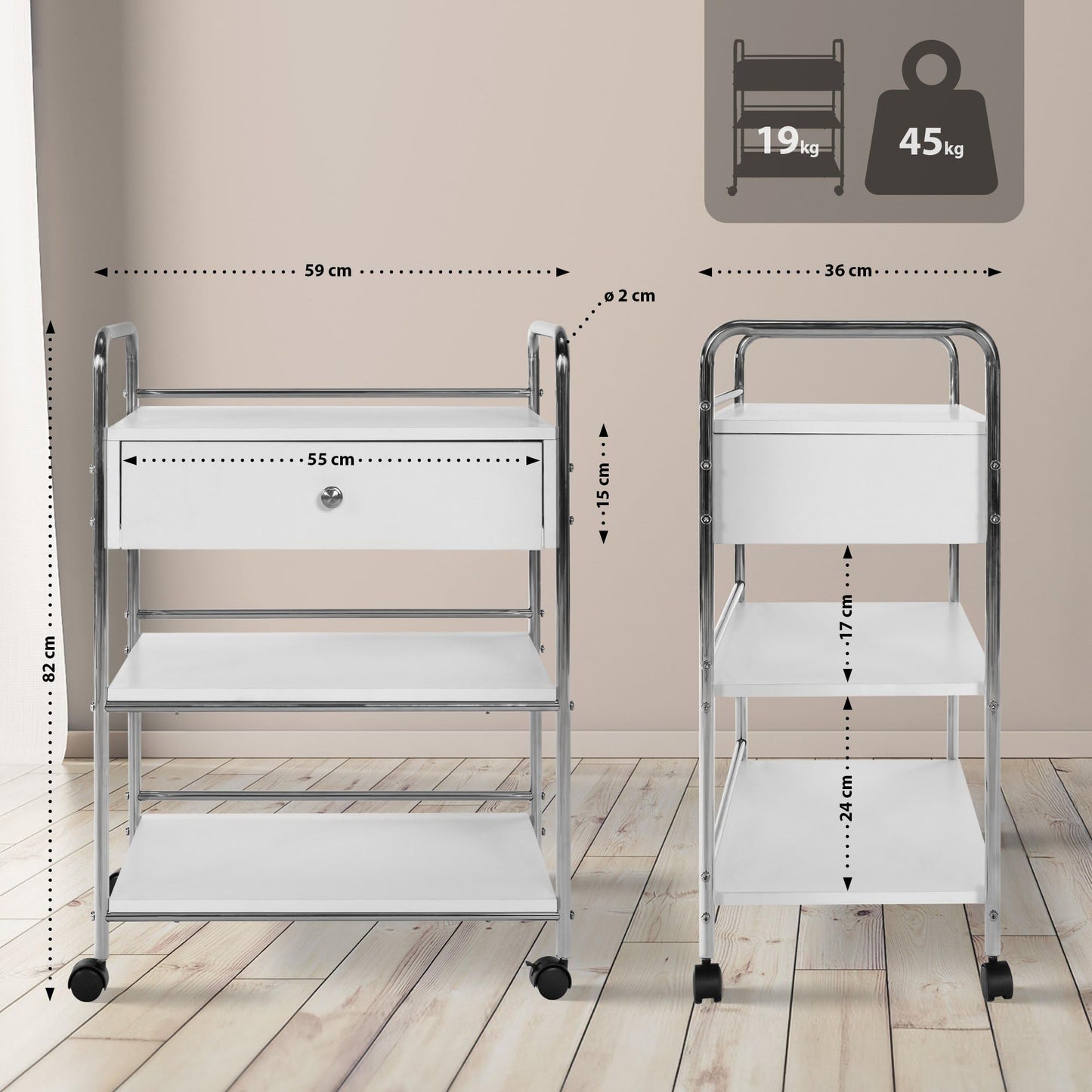 CLP rolling trolley PL912 I utility cart on wheels I cosmetics trolley with drawer and THREE shelves I multi-purpose trolley, color: white