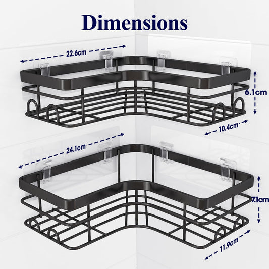 Kitsure shower caddy without drilling - 2 pieces stainless steel shower gel holder with 4 hooks, soap dish, and razor holder, durable corner shower shelf, X-Large.