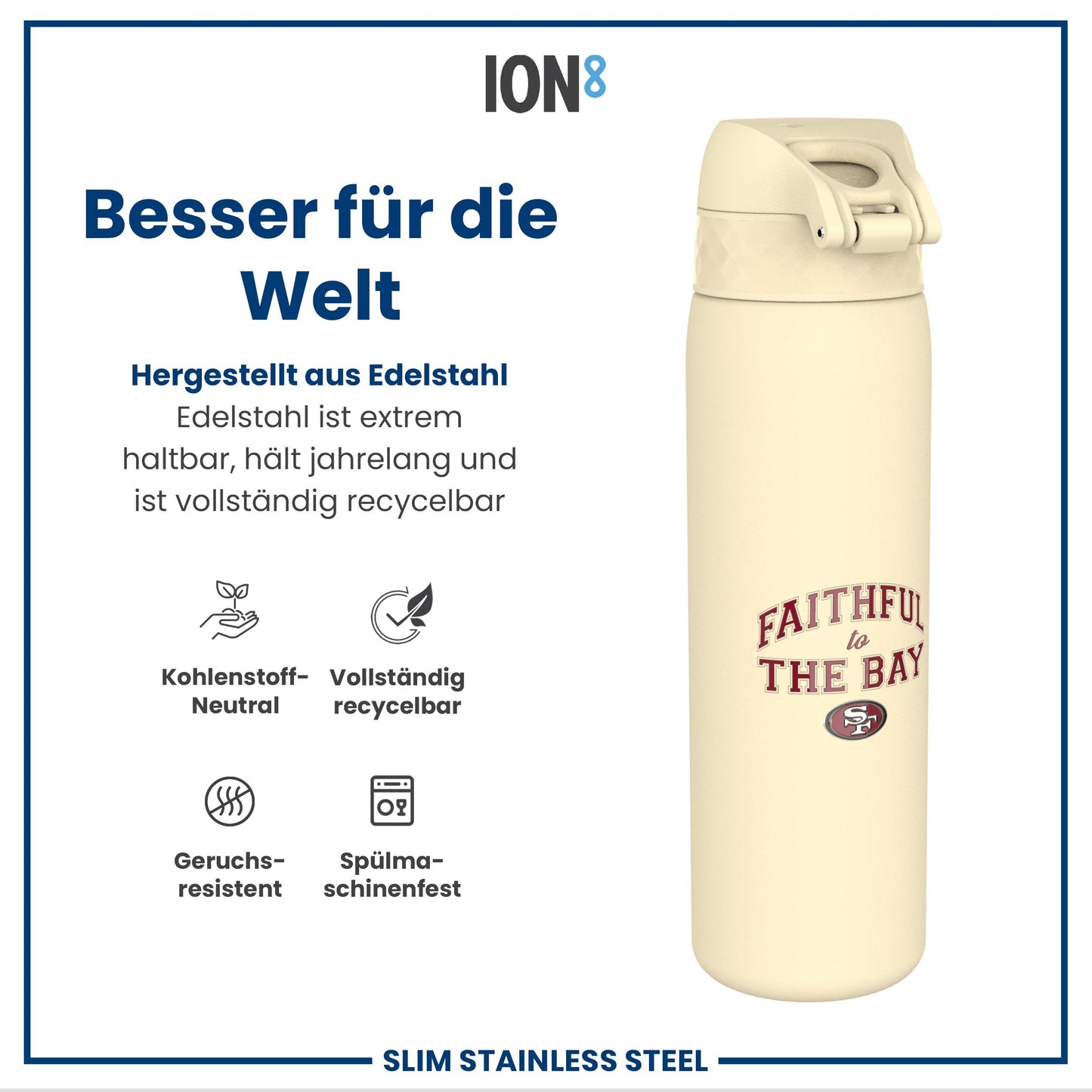 ion8 NFL E 49ers Lightweight Stainless Steel Water Bottle, 600ml/20oz, non-insulated, leakproof, easy to open, secure seal, dishwasher safe, flip lid, fits in cup holders.