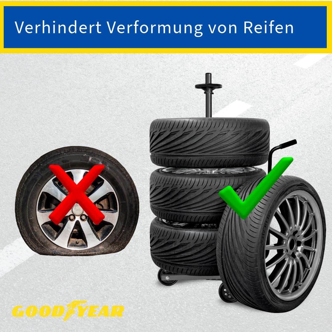 Goodyear wheel tree cart for 4 tires, space-saving and contactless storage, with protective cover, load capacity up to 100 kg, black