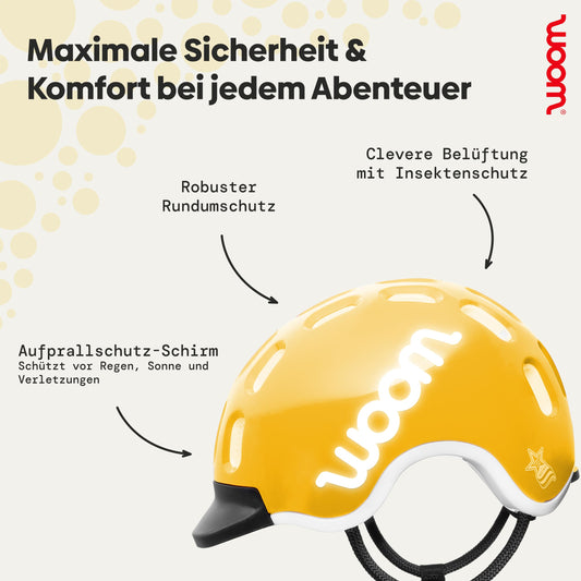 woom Kids Helmet, bike helmet for children, with visor, for boys and girls, 46-50 cm, size XS, adjustable, impact protection, Yellow (Sunny Yellow)