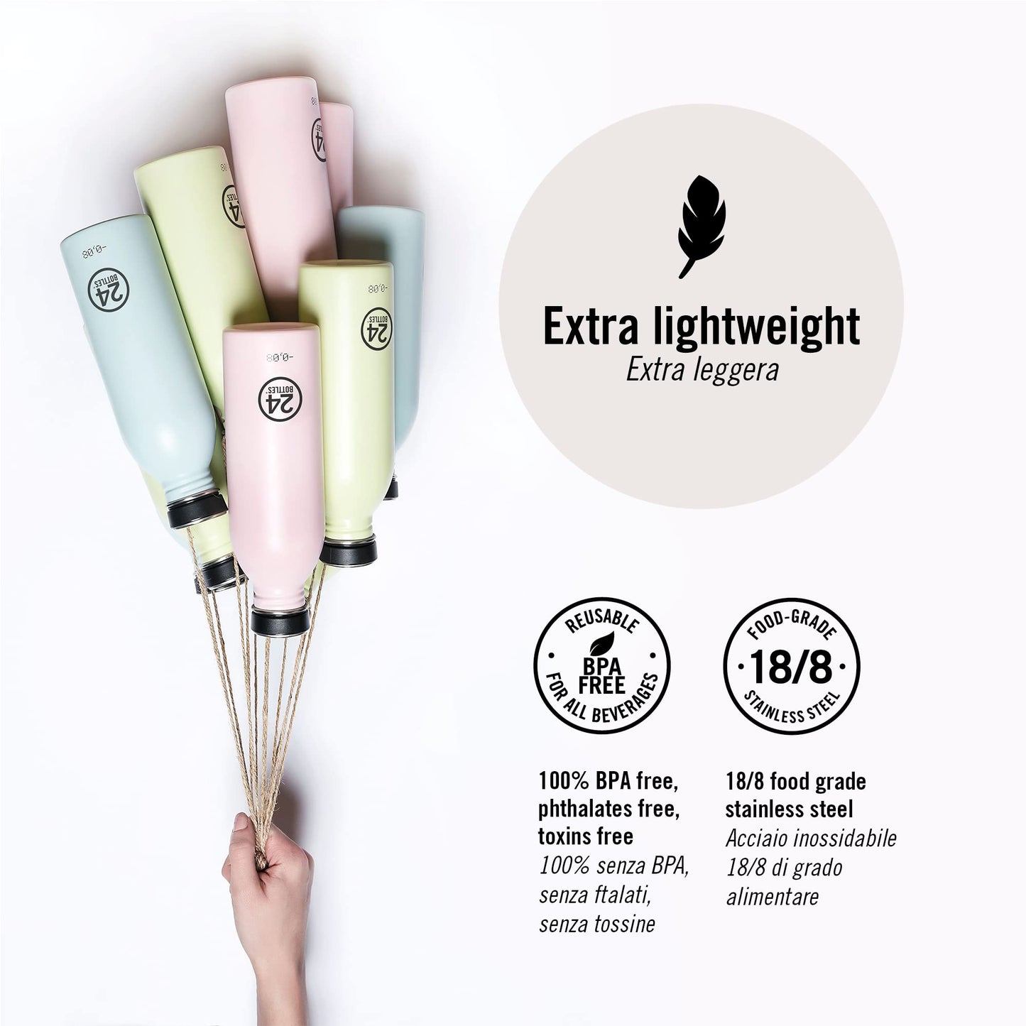 24Bottles Urban - water bottle 1L, 100% sealed lid, eco-friendly stainless steel water bottle, ultralight sports bottle (non-insulated), Italian design, candy pink