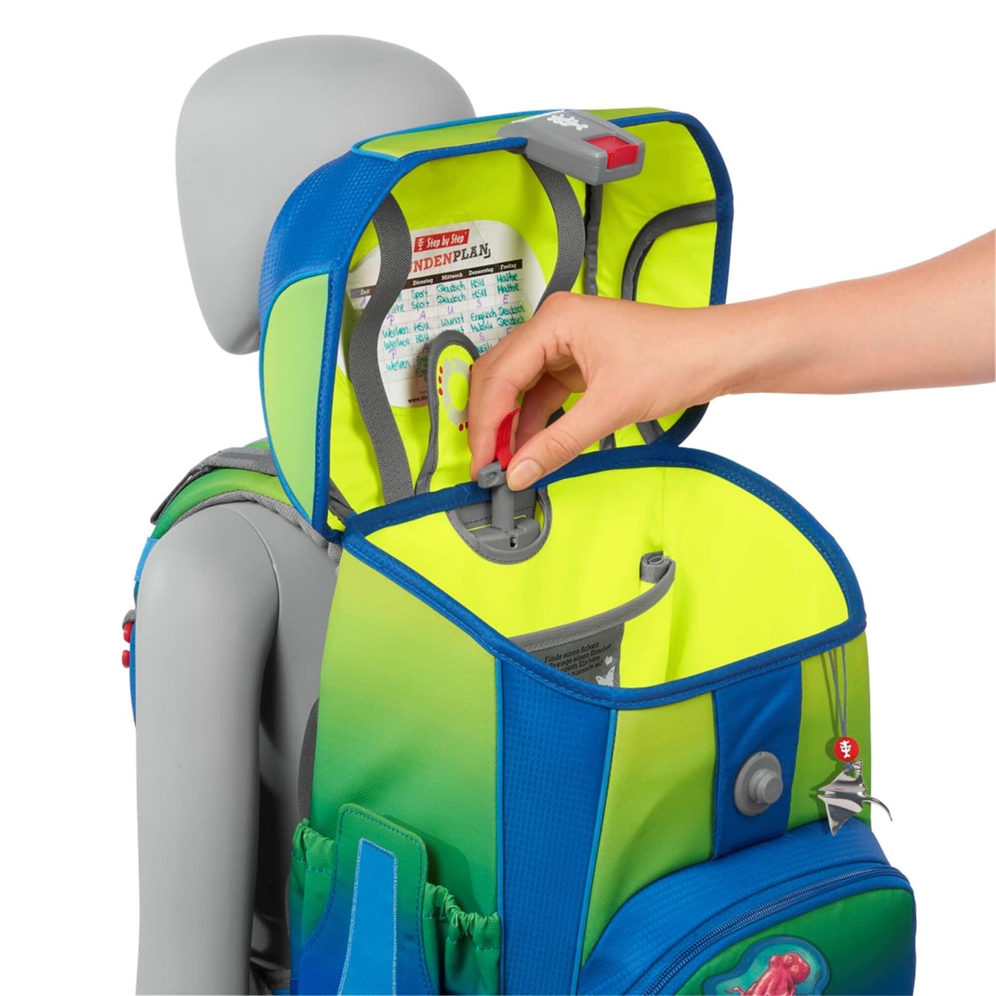 Step by Step school bag set, Cloud Ocean Red Octopus Pius, 5 pieces, yellow-blue Octopus design, ergonomic backpack with reflectors, height adjustable with hip belt, for 1st to 4th grade, 19L.