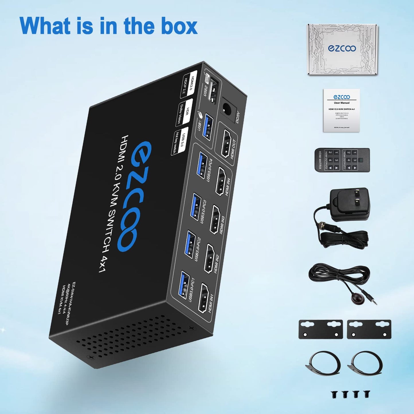 KVM Switch HDMI USB 3.0 4 Ports with Hotkey supports 4K 60Hz 18Gbps. Share 4 Computers with one Keyboard Mouse, HDR, D-olby Vision, HDCP2.2, and Remote Control.