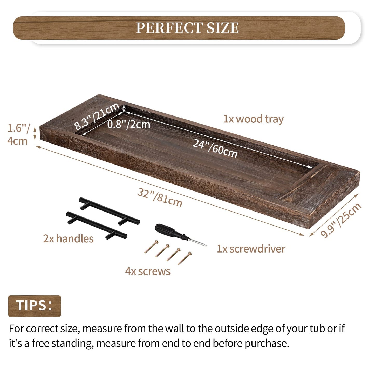 Hanobe Bathtub Tray Wooden Large: Rustic Bath Caddy Rectangular Extra Large Wood Tray Decor Bath Sofa Accessory Tray with Handle Bathtub Shelf for Tub 80cm.