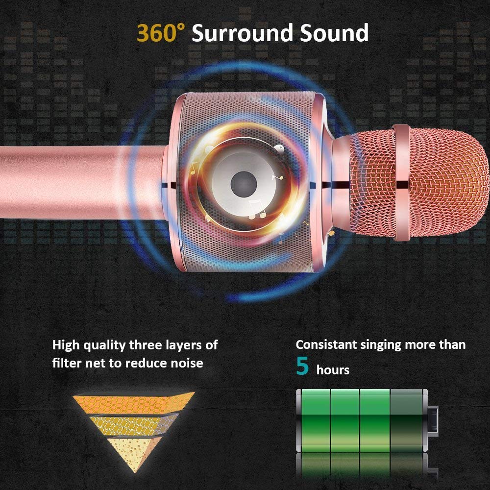 BONAOK Wireless Bluetooth Karaoke Microphone, Portable 3 in 1 Karaoke Handheld Mic Birthday Gift Home Party Speaker for iPhone/Android/iPad/PC/Smartphone (Rose Gold Plus)
