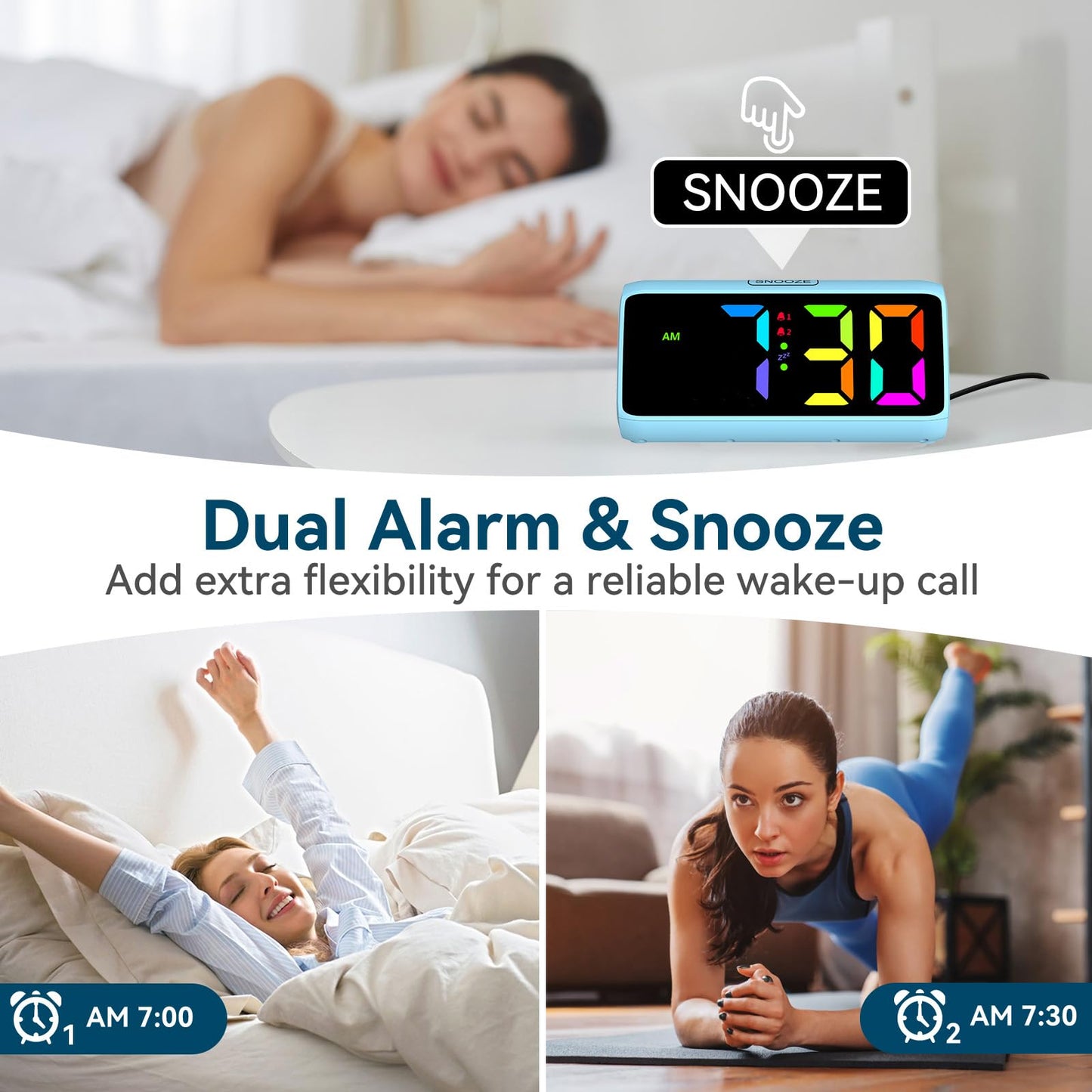 Loud alarm clock for heavy sleepers, Digital Alarm Clock with Colorful Display, Dual alarms, 5 brightness levels, 4 volume levels, Snooze function, Bedside Alarm Clock for kids, teens, seniors, and heavy sleepers.