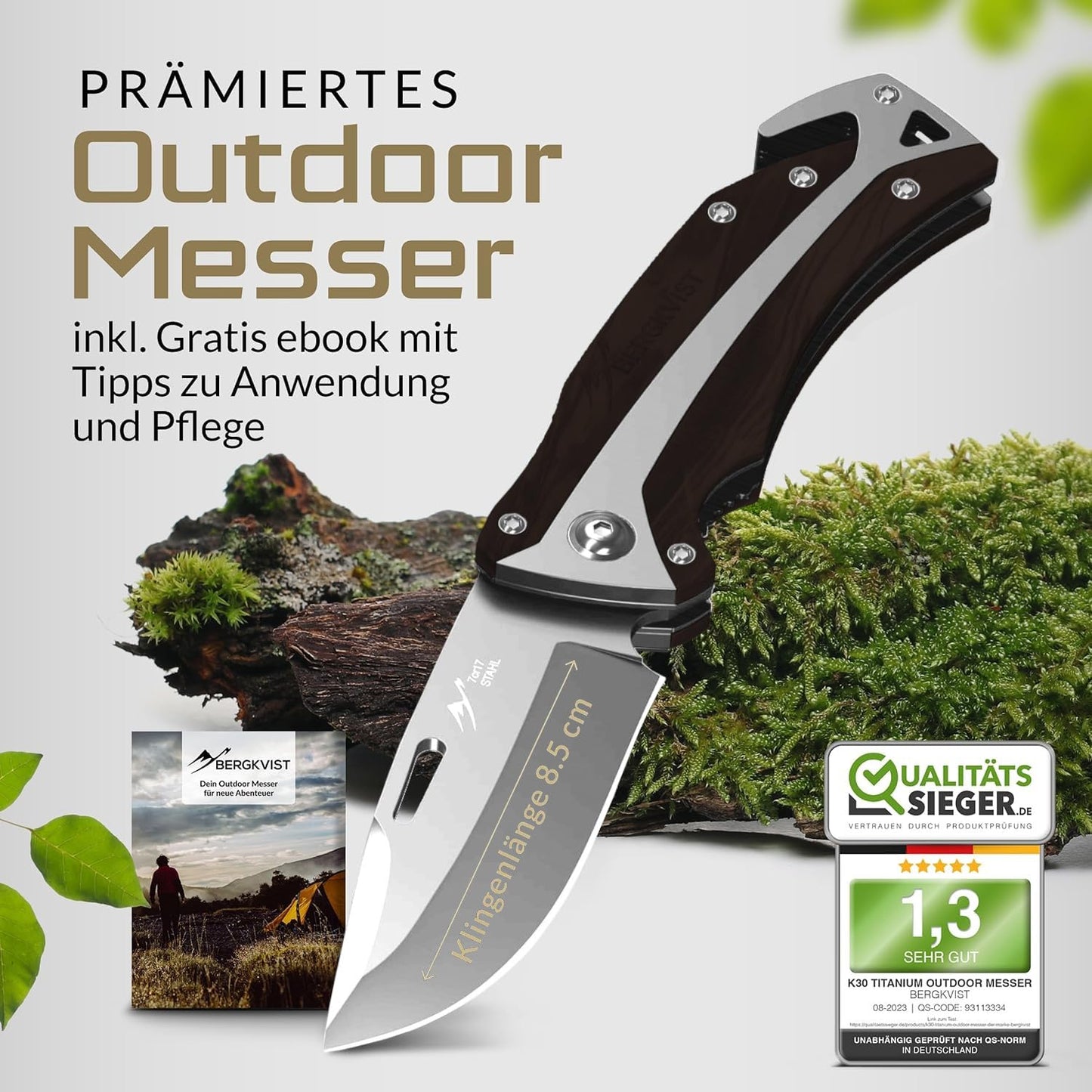 BERGKVIST® K30 Folding Knife (Two-Hand Knife) - Carry allowed in Germany - 3-in-1 pocket knife for outdoor, camping & survival with firesteel & belt pouch - Handle made of ebony