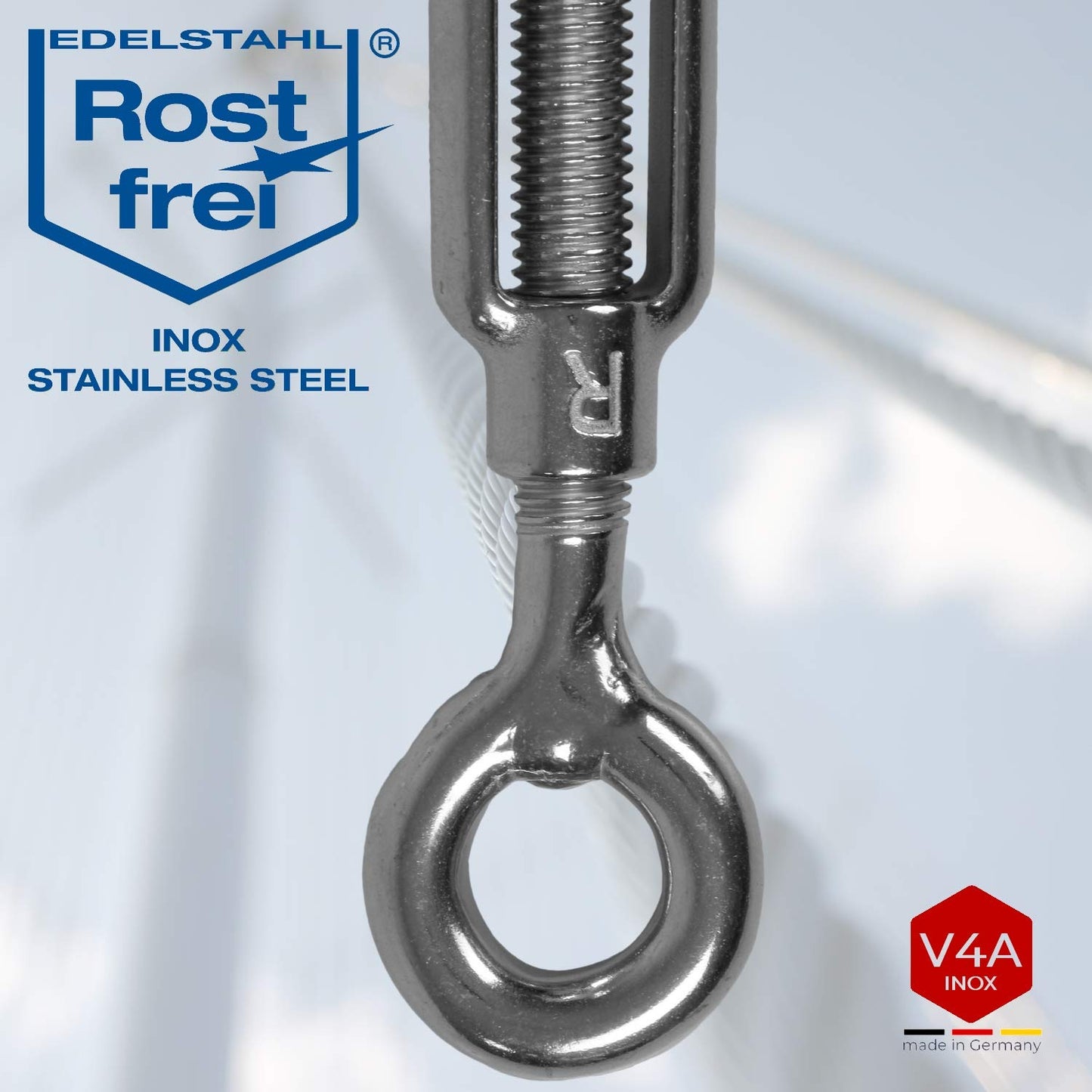 5 stainless steel turnbuckles with two eyes, rustproof in V4A according to DIN 1480 1478. Cable tensioner eye-eye screw tensioner tensioning screw M 8 mm.