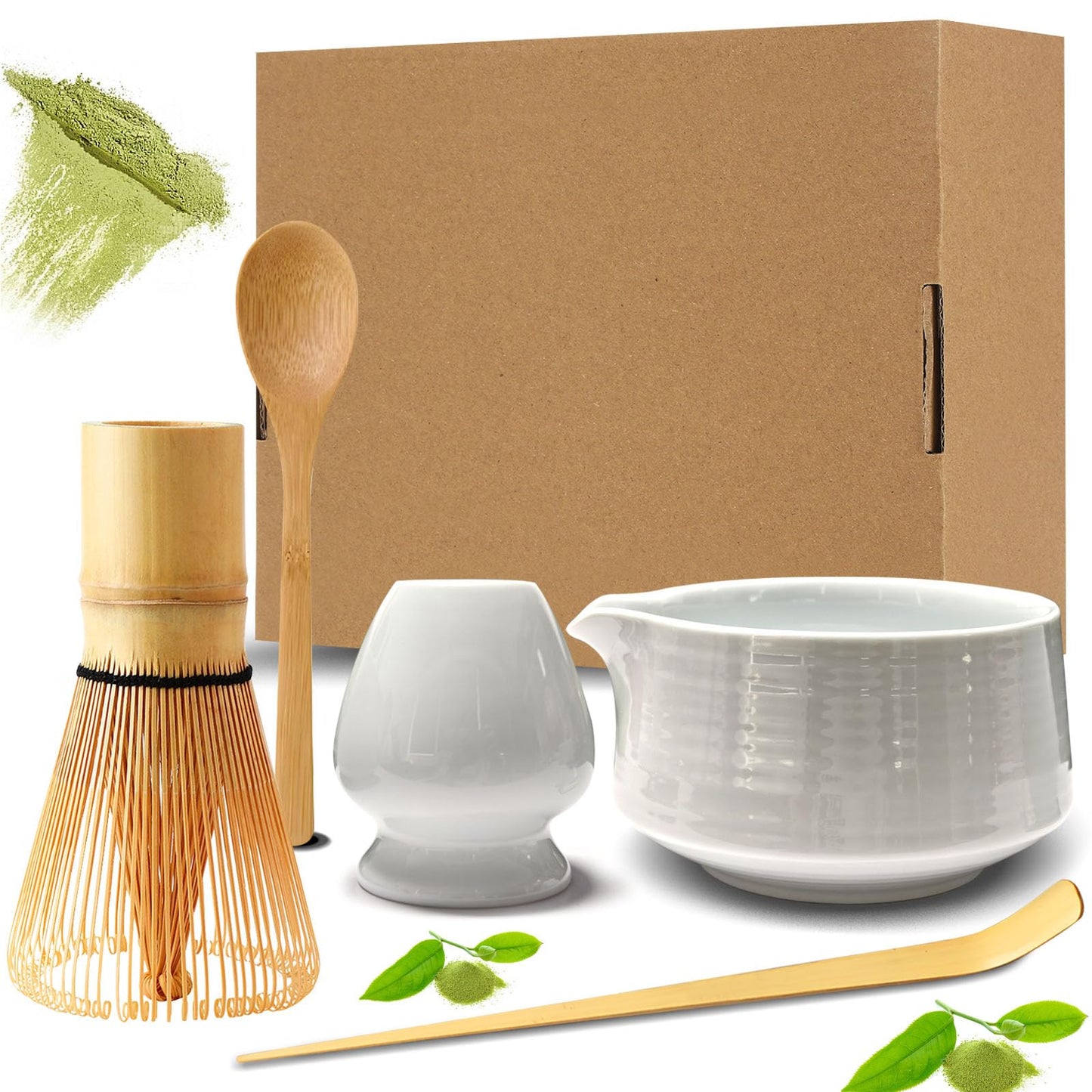 5 Piece Matcha Set Matcha Whisk Set Matcha Whisk Set for Home, Office, Tea Room, Matcha Lovers, White (White)