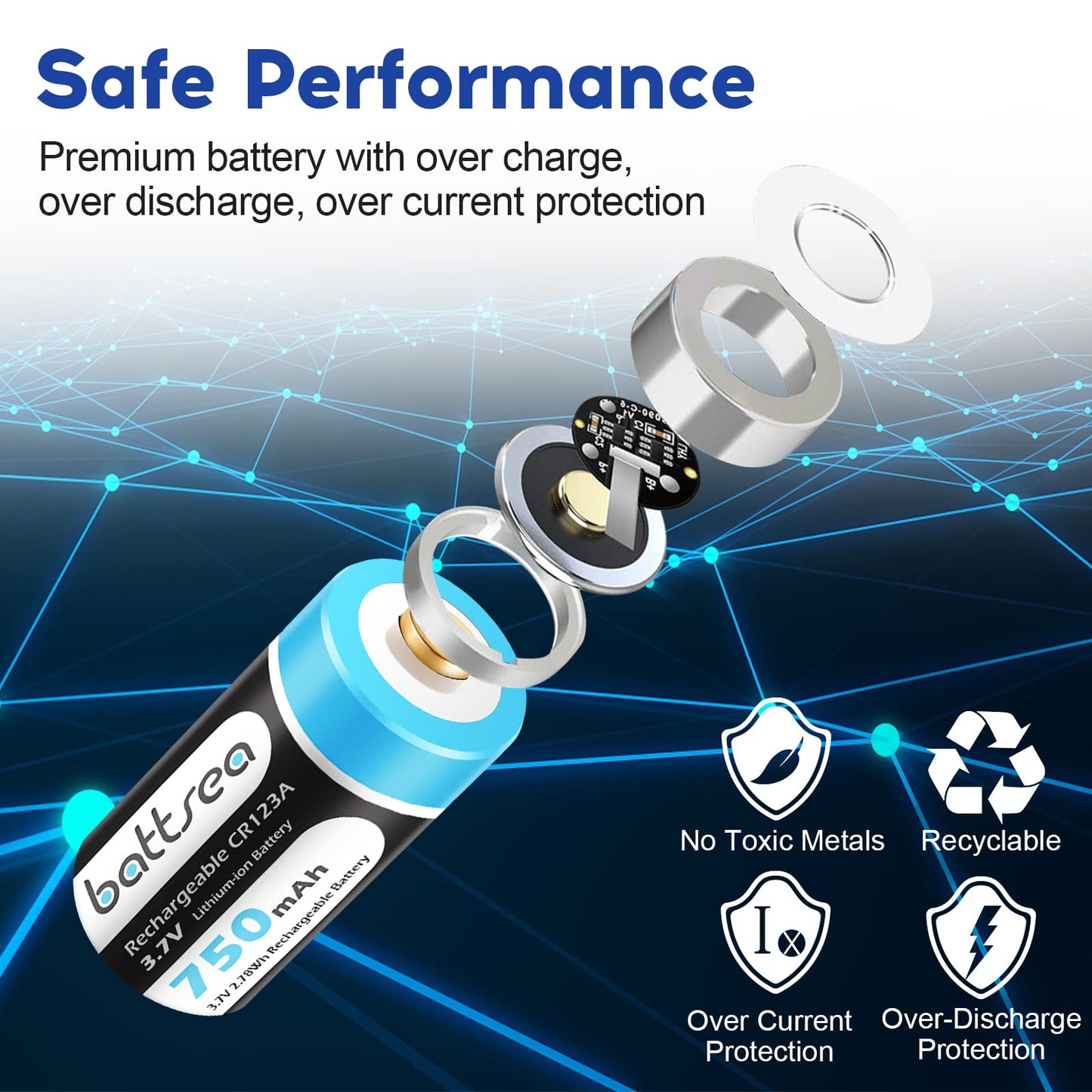 Battsea 123A rechargeable lithium battery 8 pack 750mAh with quick charger 123 for Compatible with Arlo camera VMC3030 VMK3200 VMS3330 VMS3330 VMS3330 flashlights microphone smoke detector