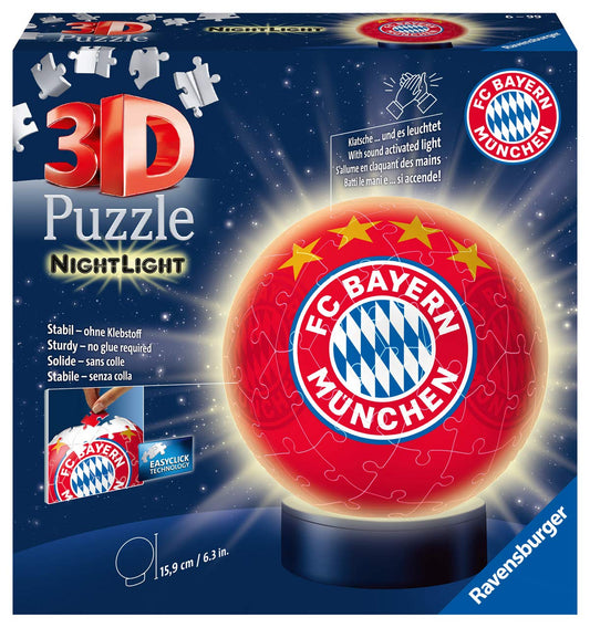 Ravensburger 3D Puzzle Night Light FC Bayern Munich - Fan merchandise for children aged 6 and up, LED bedside lamp with clap mechanism & 3D Puzzle 11215 - Utensilo - FC Bayern Munich - 54 pieces