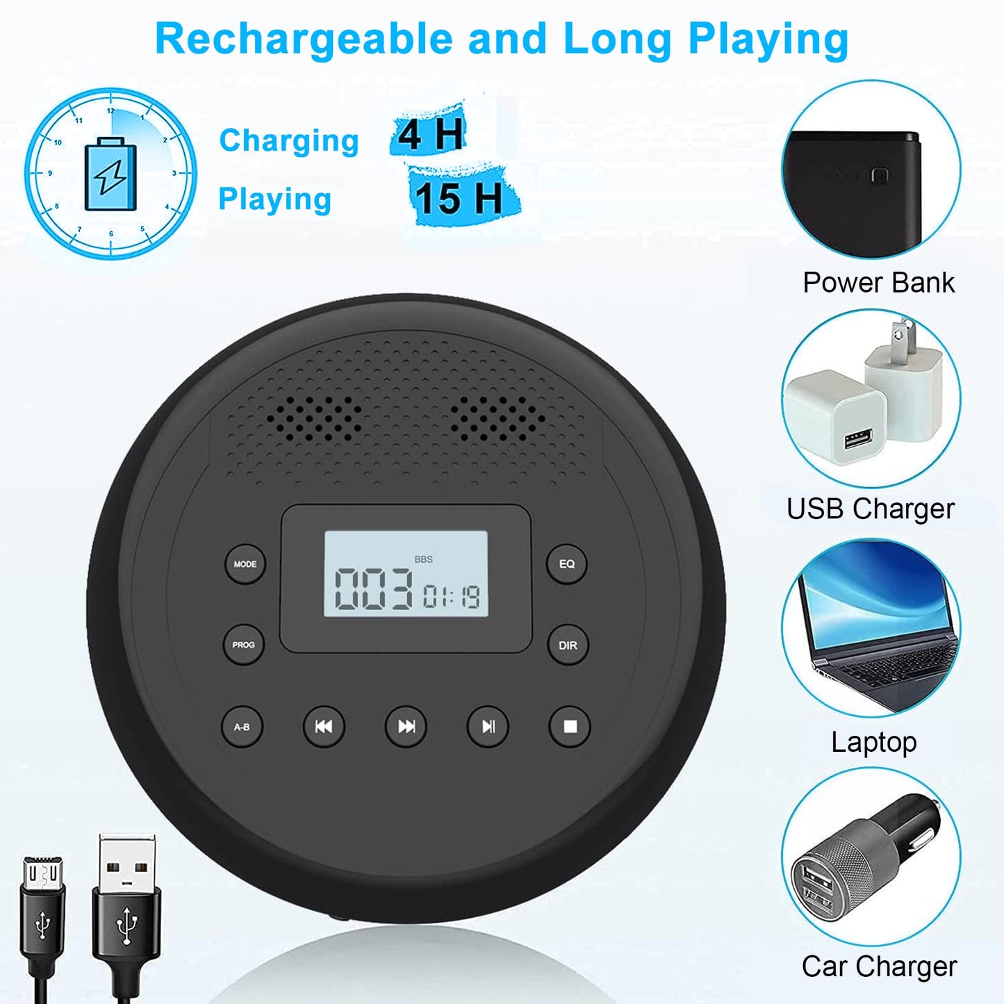 Portable CD Player, MONODEAL Rechargeable CD Player with Built-in Speakers, Discman CD Player for Kids/Car/Students/Adults, Anti-Skip CD Player with Headphones