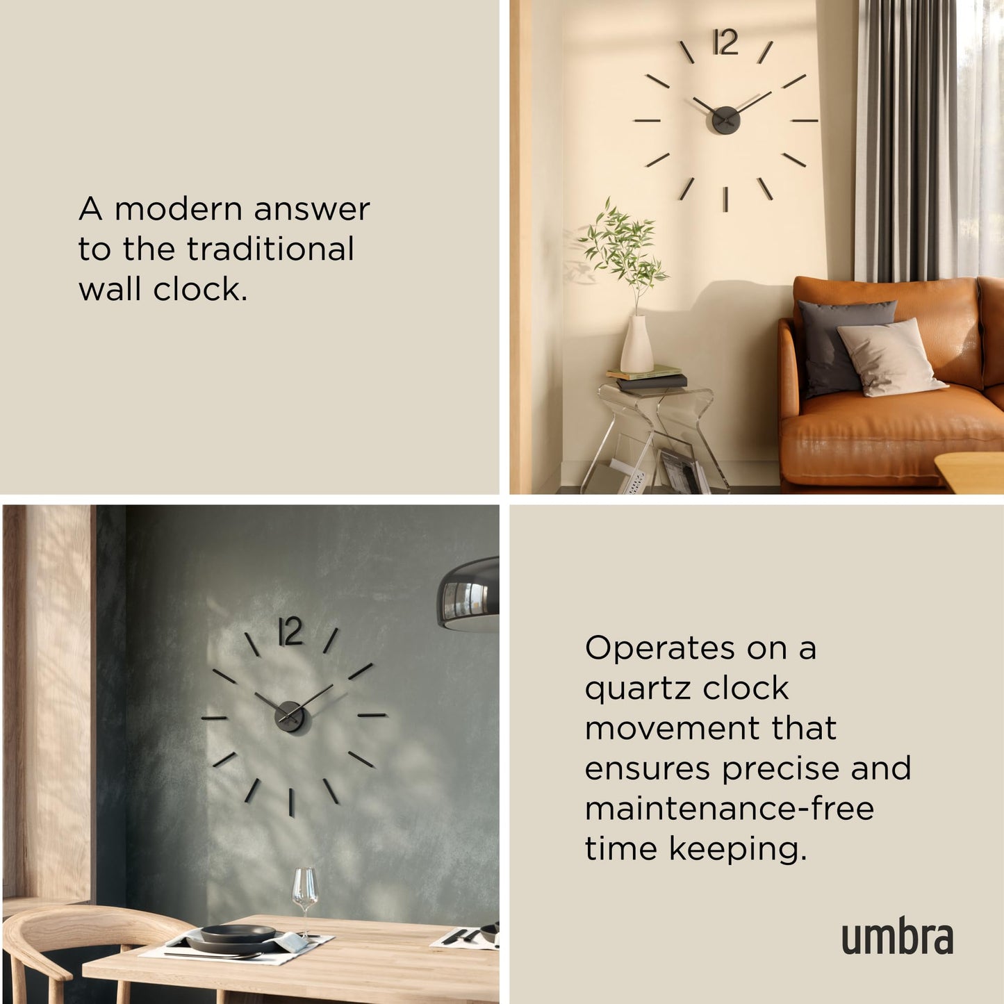 Umbra Blink, modern and minimalist DIY quartz wall clock without frame, adhesive numbers, wall decoration for kitchen, office, bedroom, and living room, metal, black.